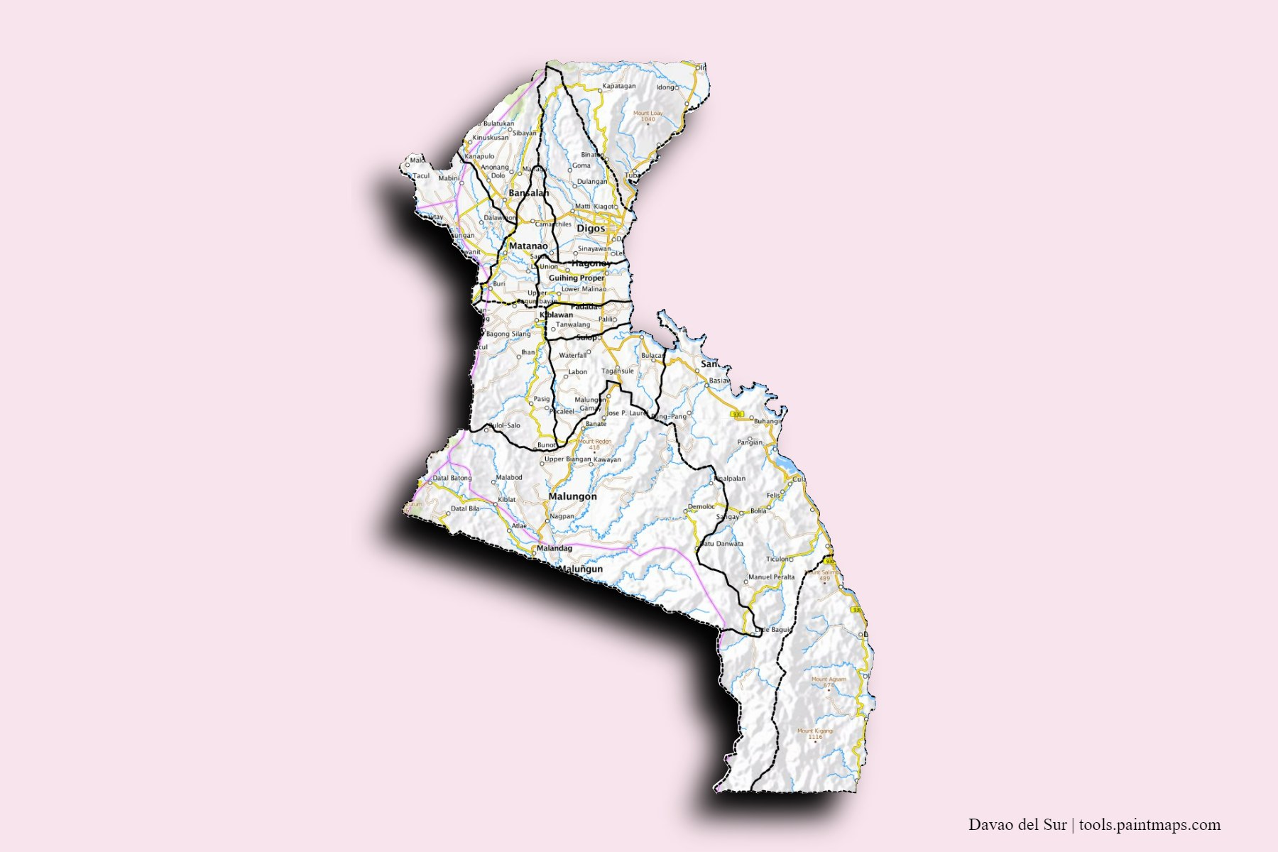 Davao del Sur and counties map with 3D shadow effect