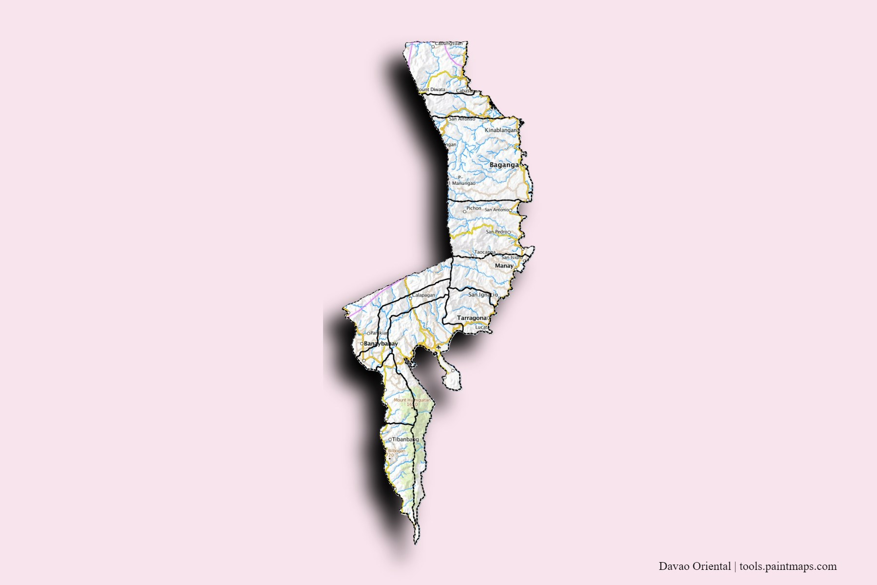 Davao Oriental and counties map with 3D shadow effect