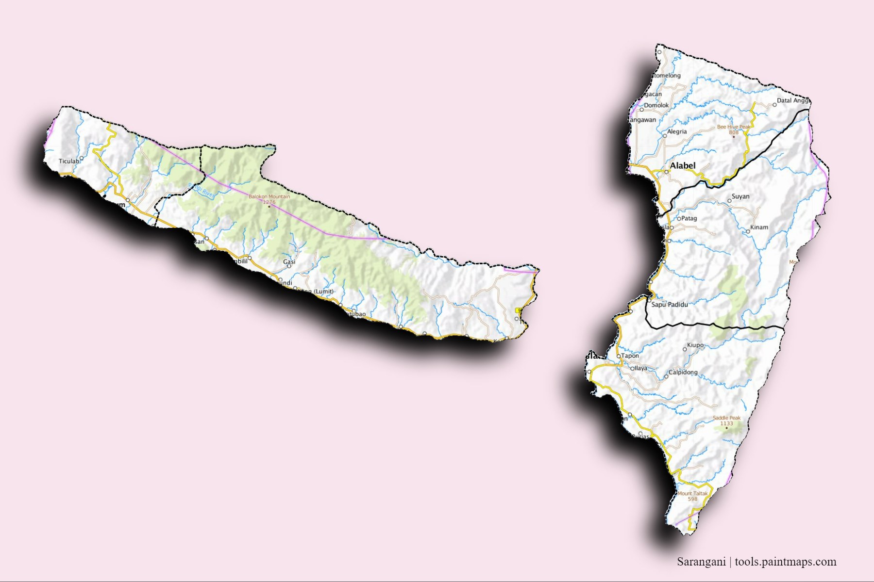 Sarangani and counties map with 3D shadow effect