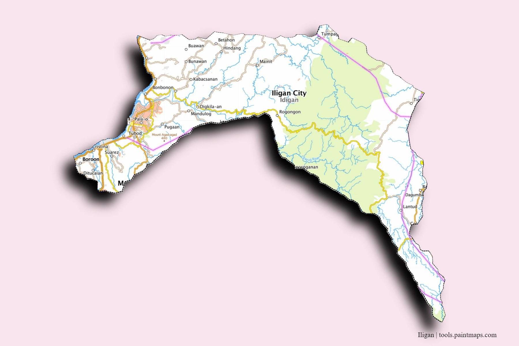 Northern Mindanao and counties map with 3D shadow effect