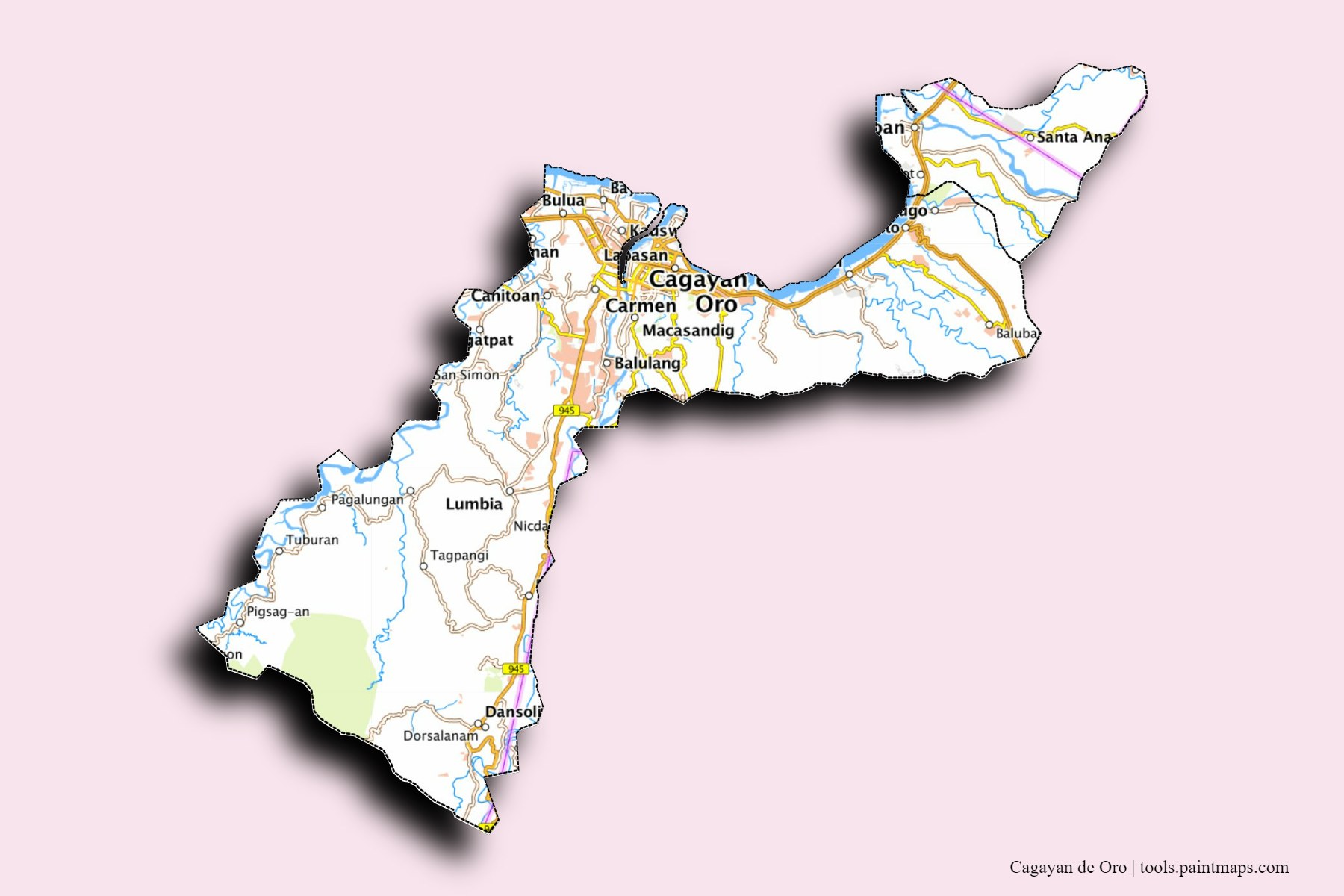 Northern Mindanao and counties map with 3D shadow effect