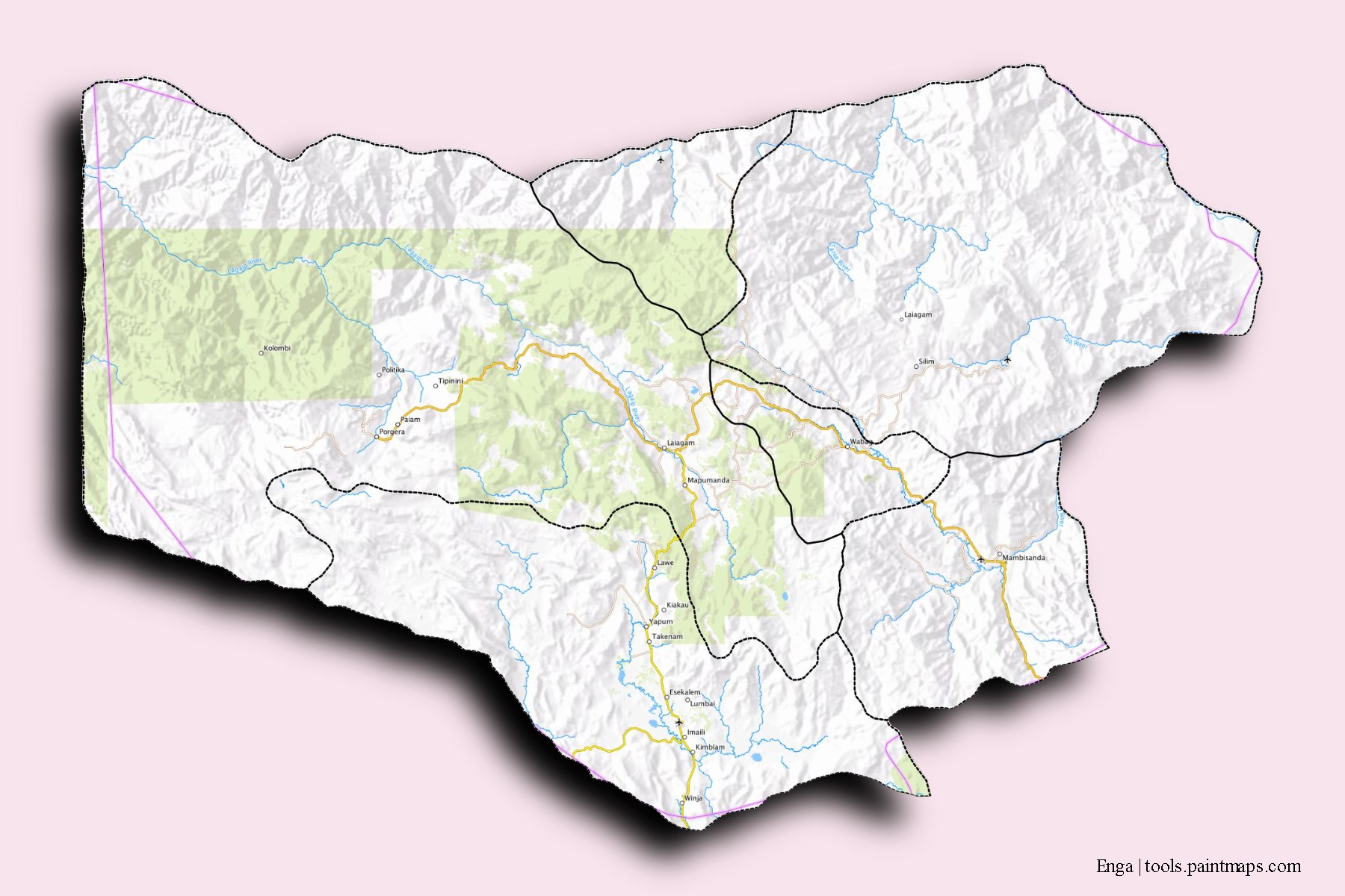 Enga and counties map with 3D shadow effect