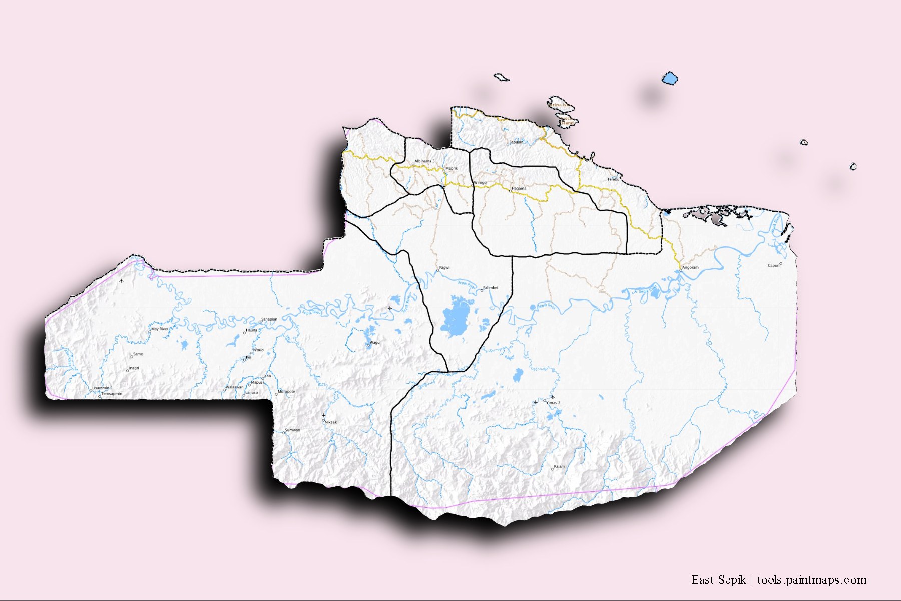 Mapa de East Sepik y sus distritos con efecto de sombra 3D