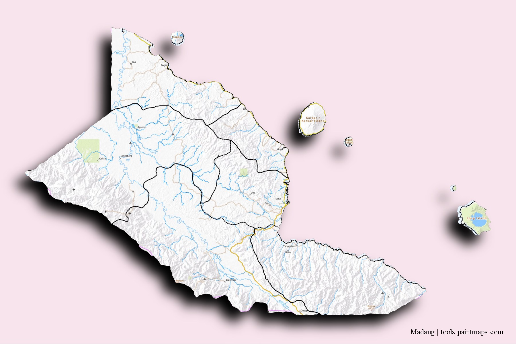 Mapa de Madang y sus distritos con efecto de sombra 3D