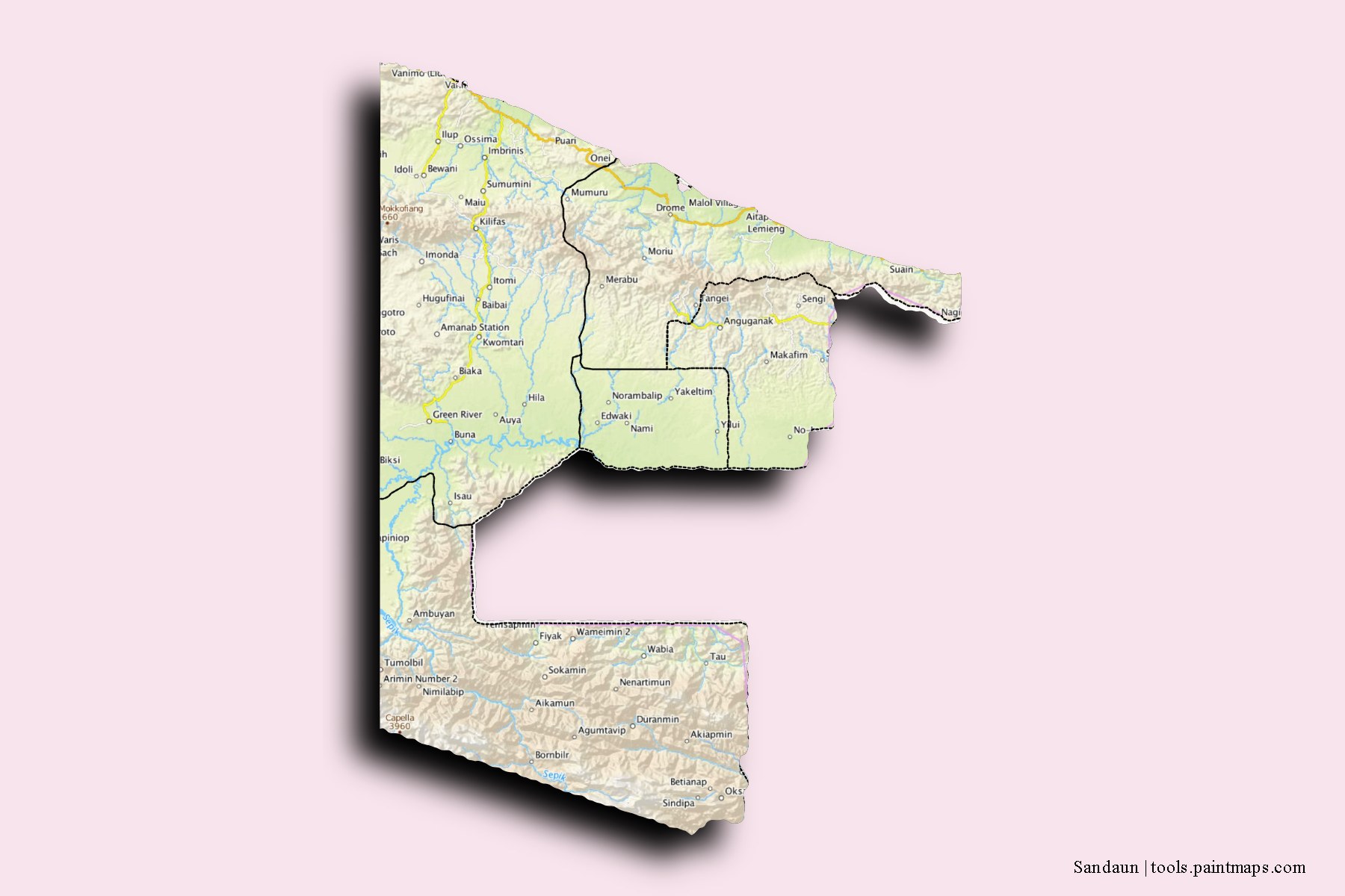 Mapa de Sandaun y sus distritos con efecto de sombra 3D