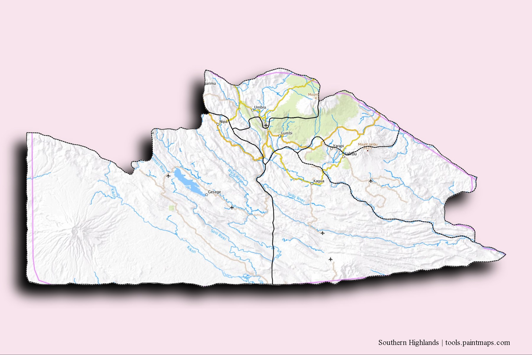 Mapa de Southern Highlands y sus distritos con efecto de sombra 3D