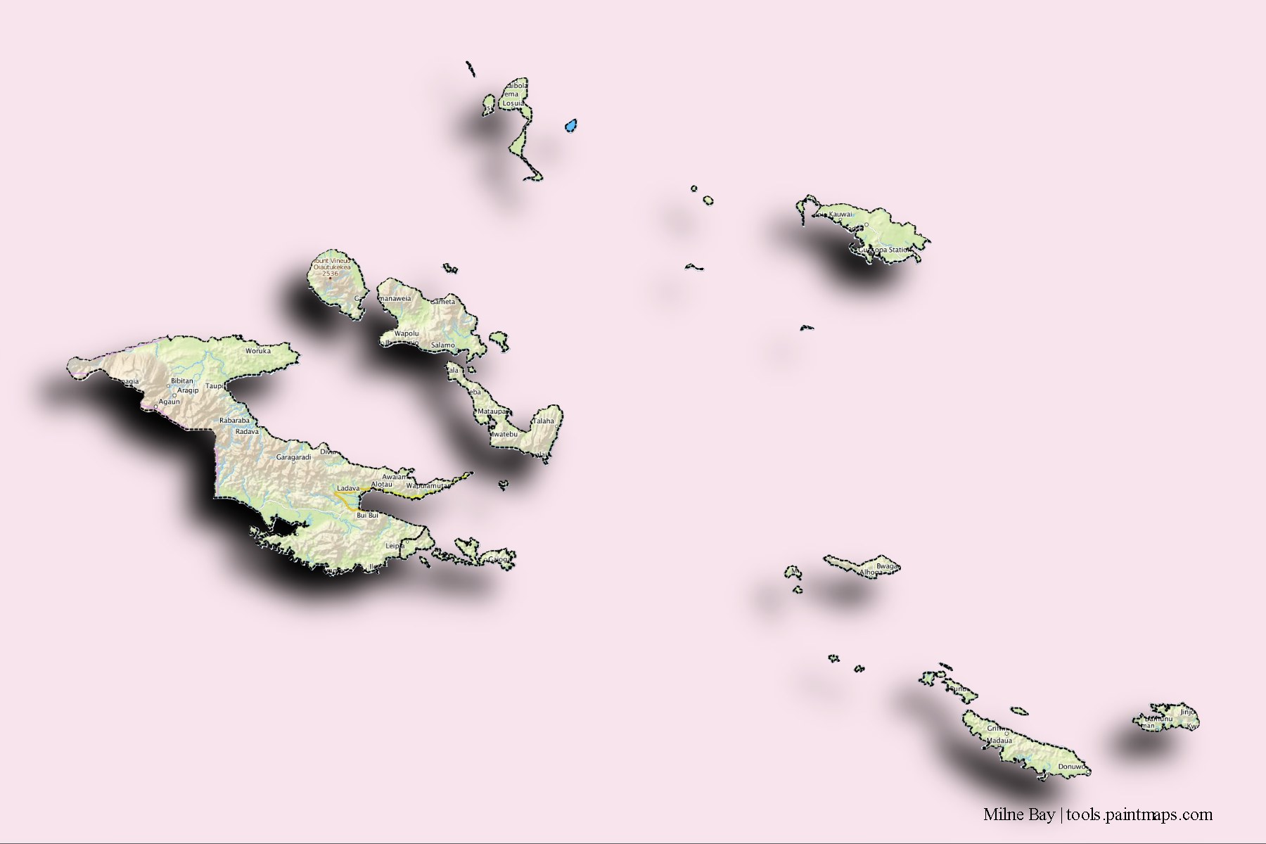 Milne Bay and counties map with 3D shadow effect