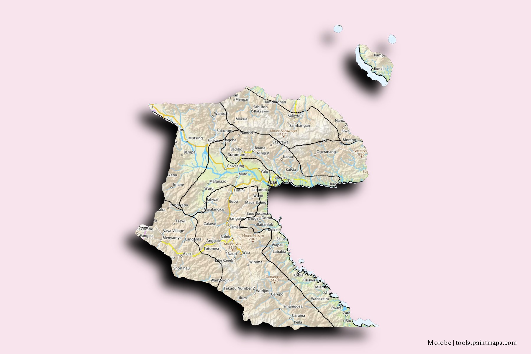 3D gölge efektli Morobe Province ve ilçeleri haritası