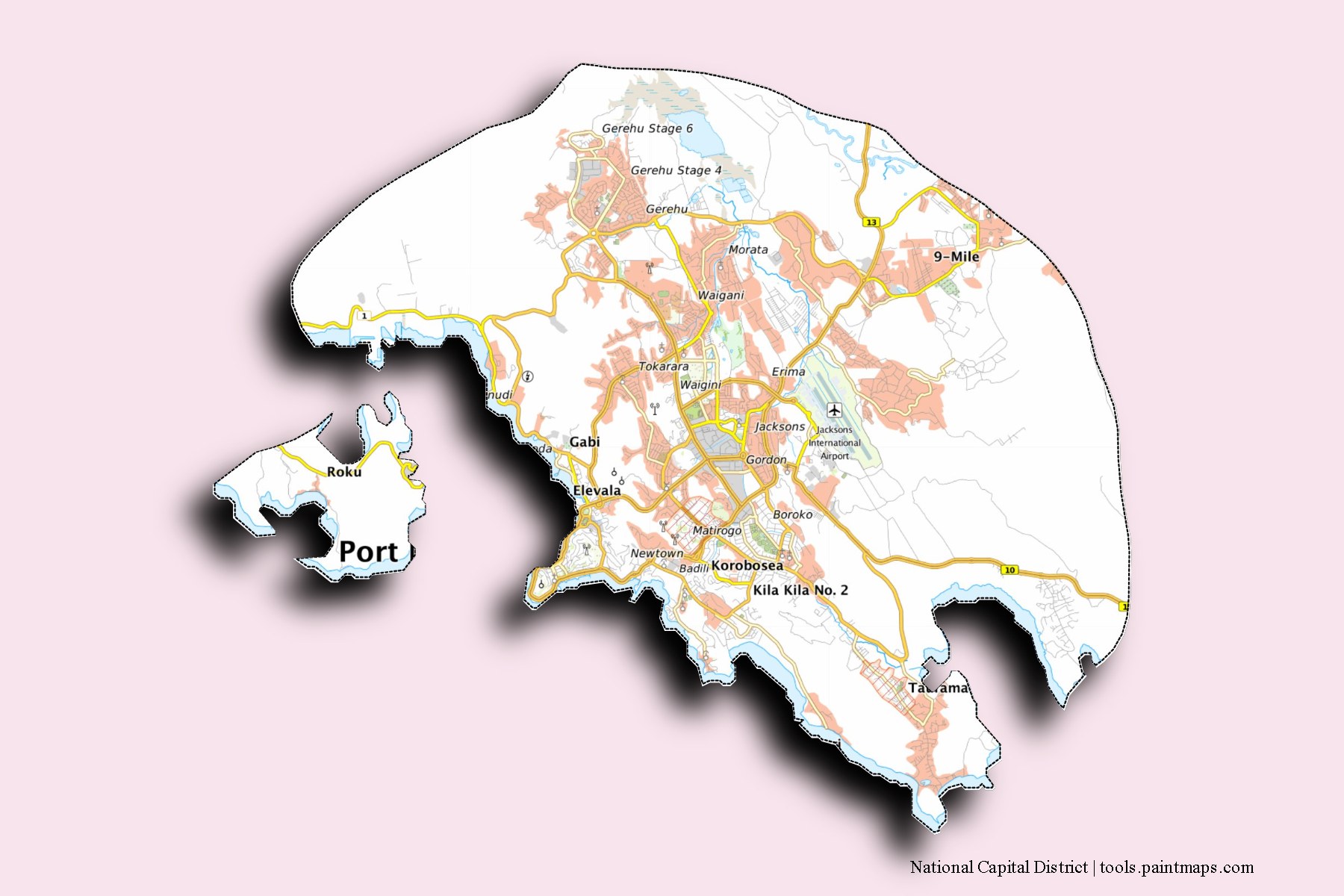 Mapa de National Capital District y sus distritos con efecto de sombra 3D