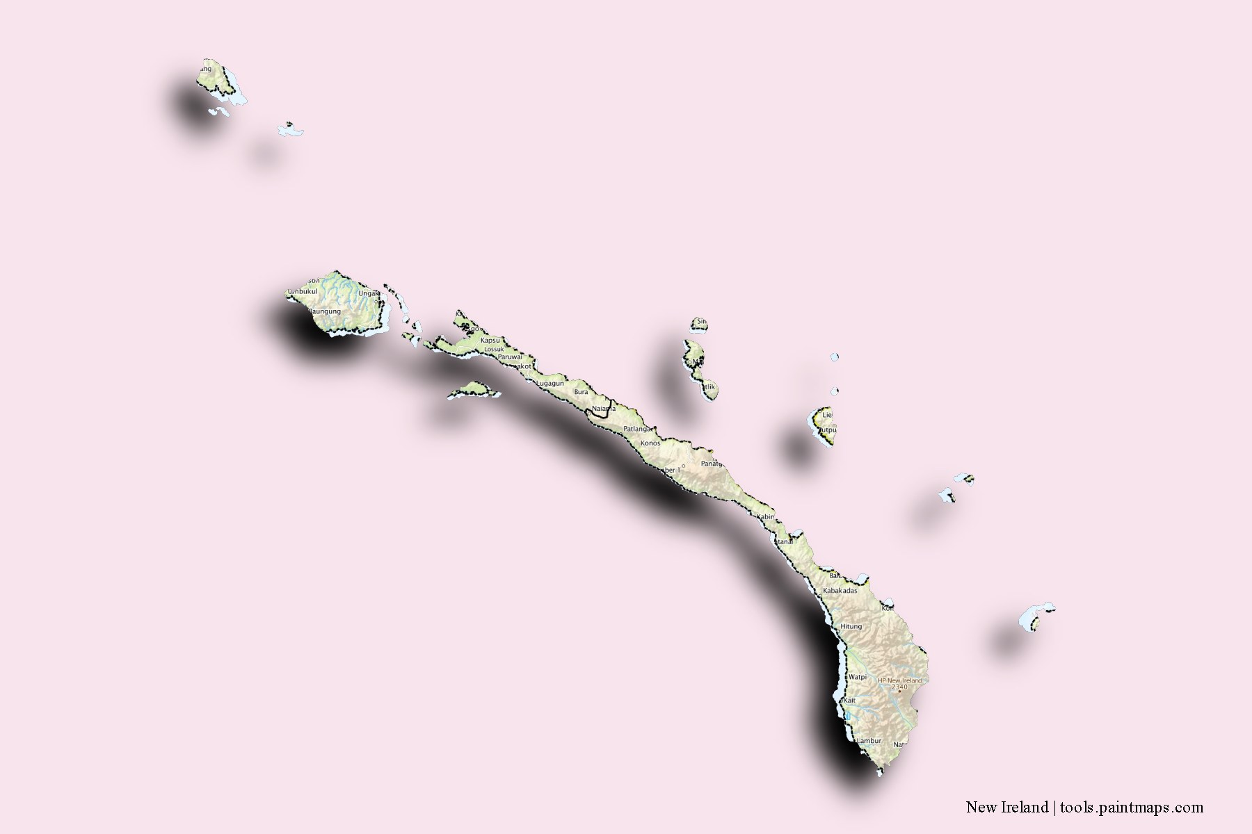 Mapa de New Ireland y sus distritos con efecto de sombra 3D