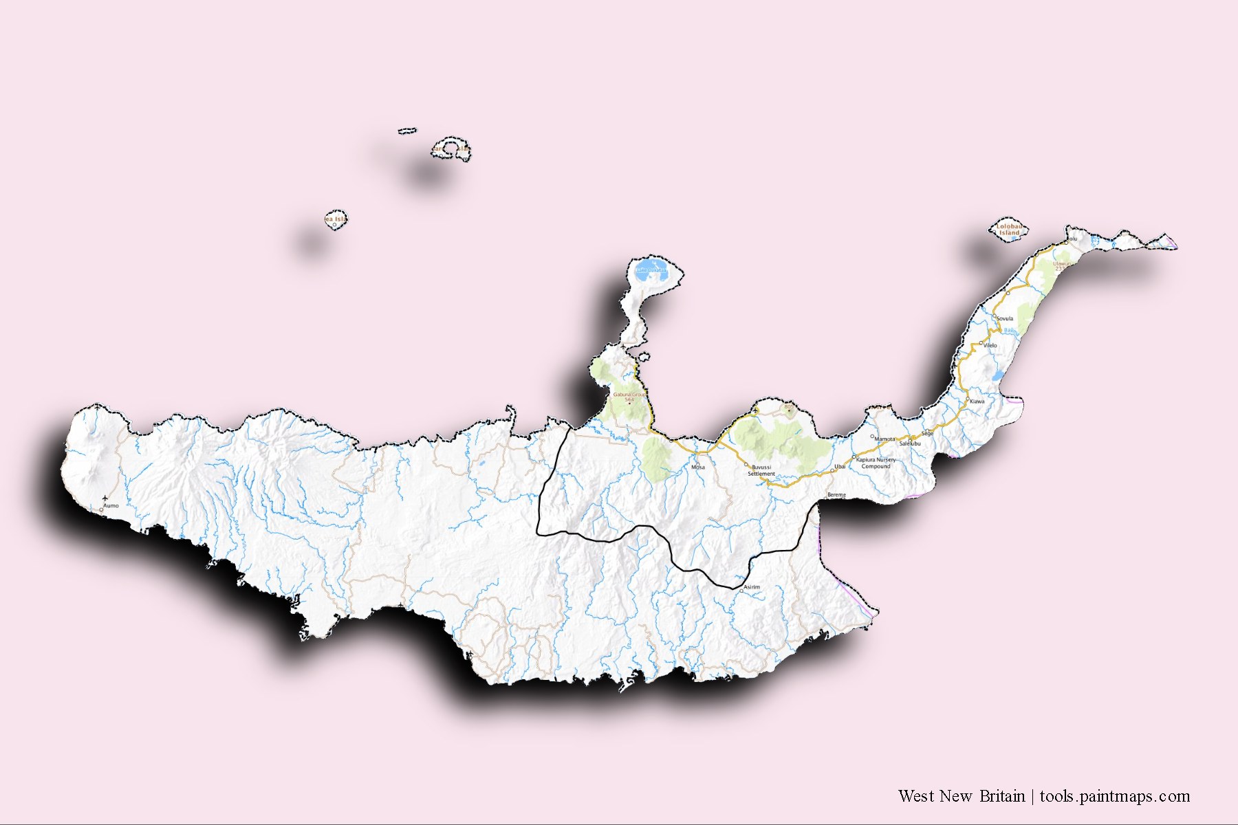 West New Britain and counties map with 3D shadow effect