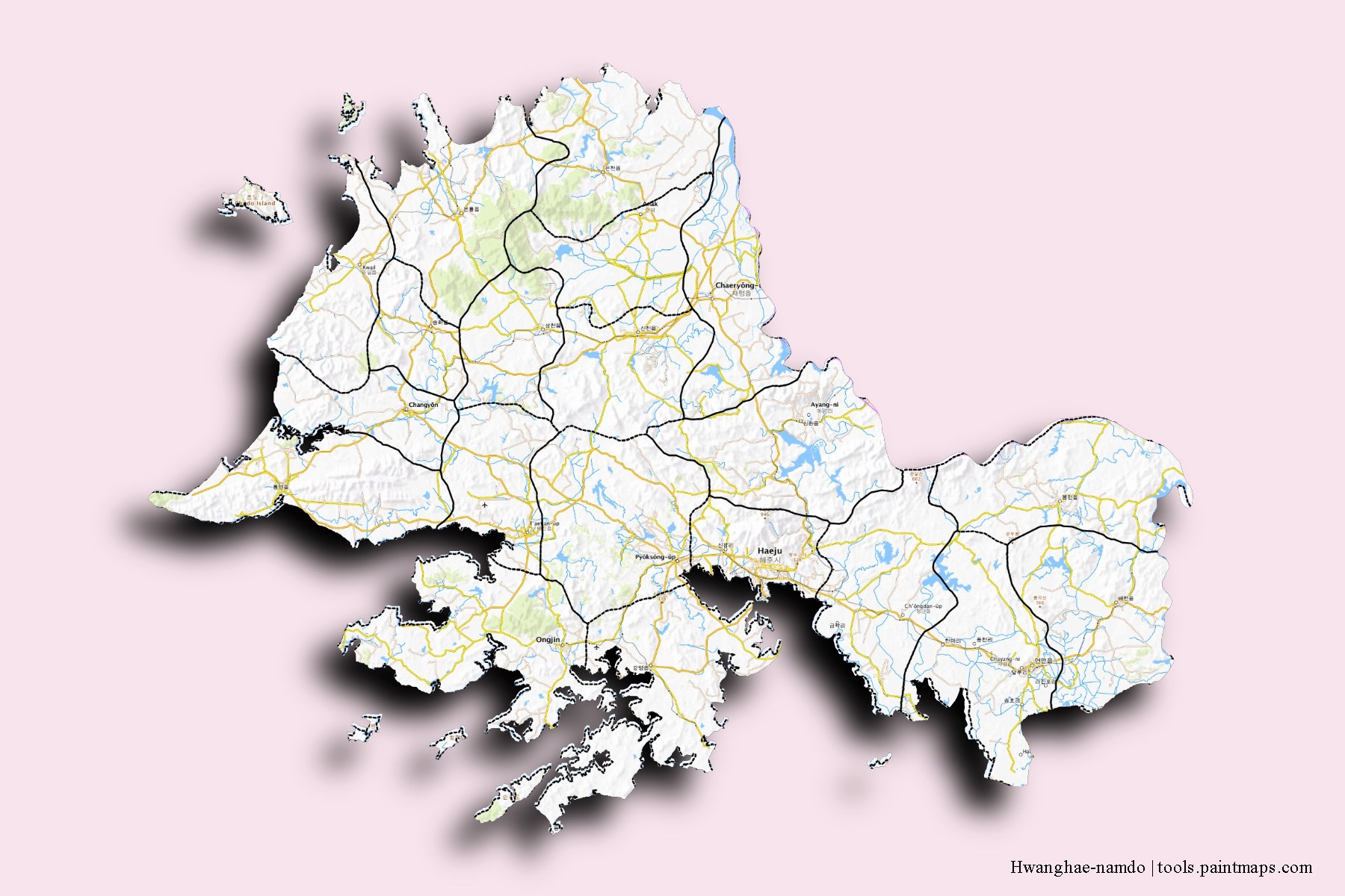 Mapa de Hwanghae-namdo y sus distritos con efecto de sombra 3D