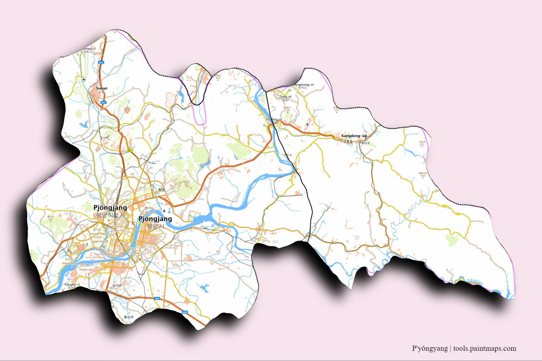 Mapa de P'yŏngyang y sus distritos con efecto de sombra 3D