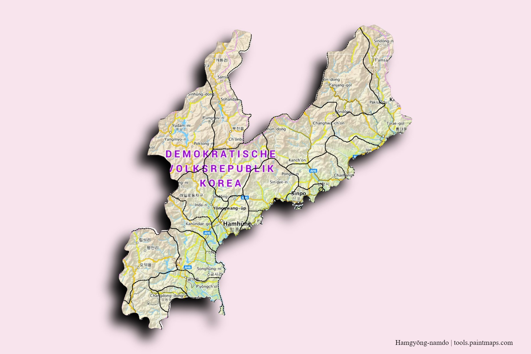 Hamgyong-namdo and counties map with 3D shadow effect