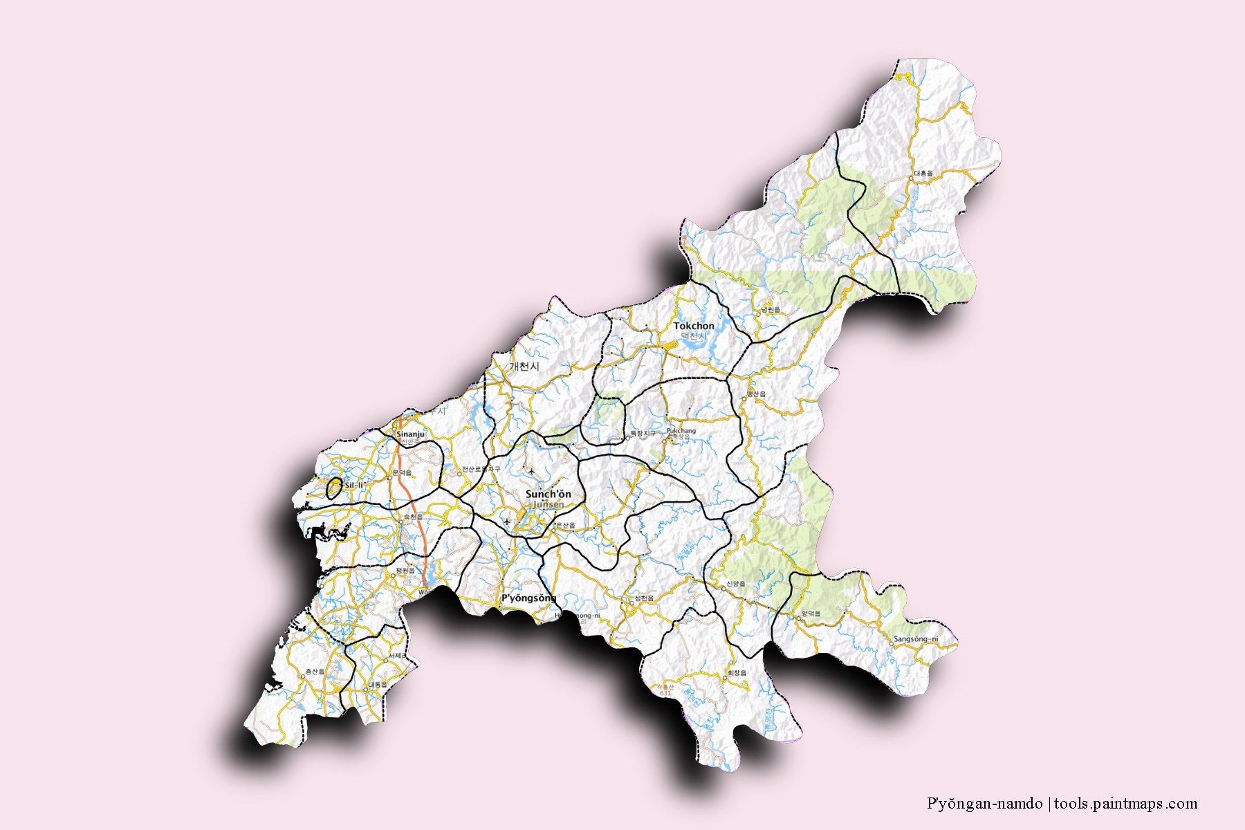 Mapa de P'yŏngan-namdo y sus distritos con efecto de sombra 3D