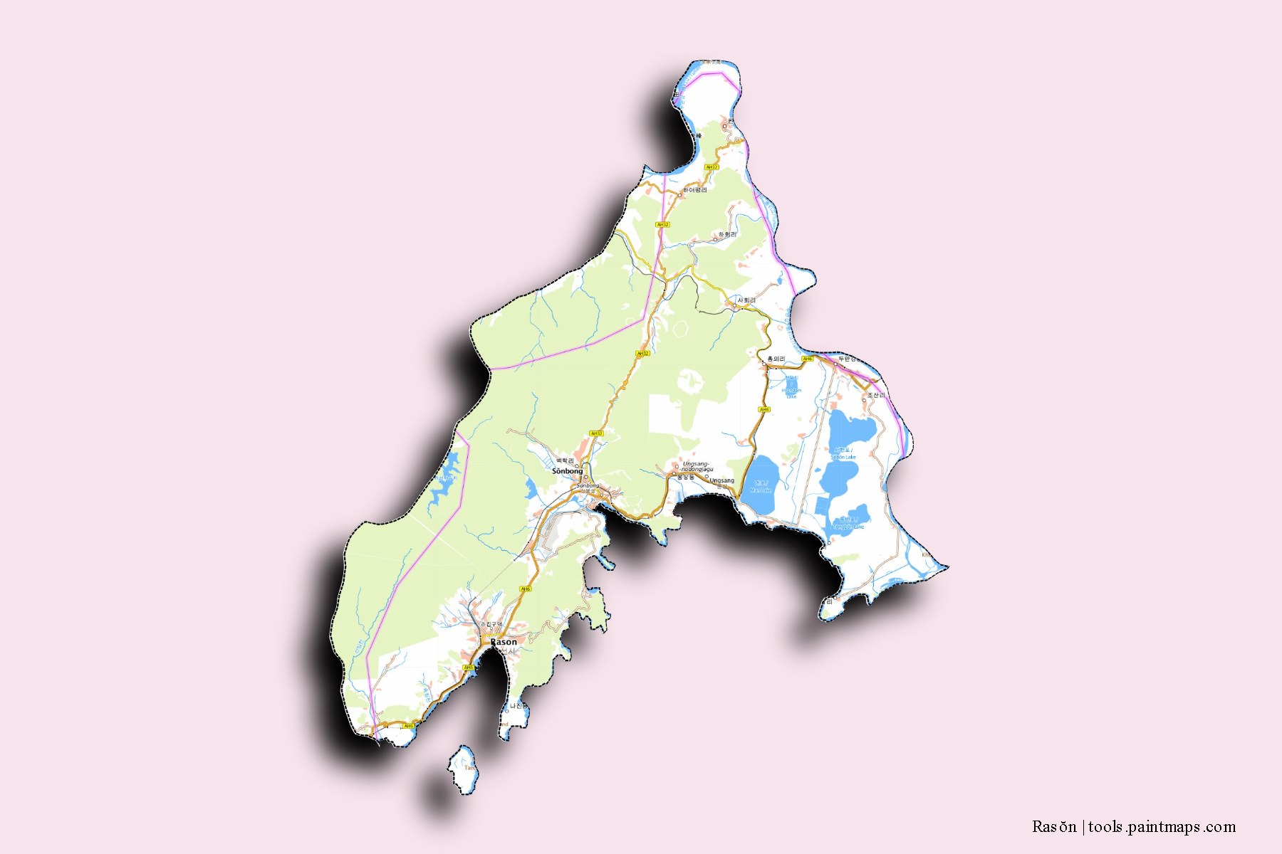 Hamgyong-bukto and counties map with 3D shadow effect