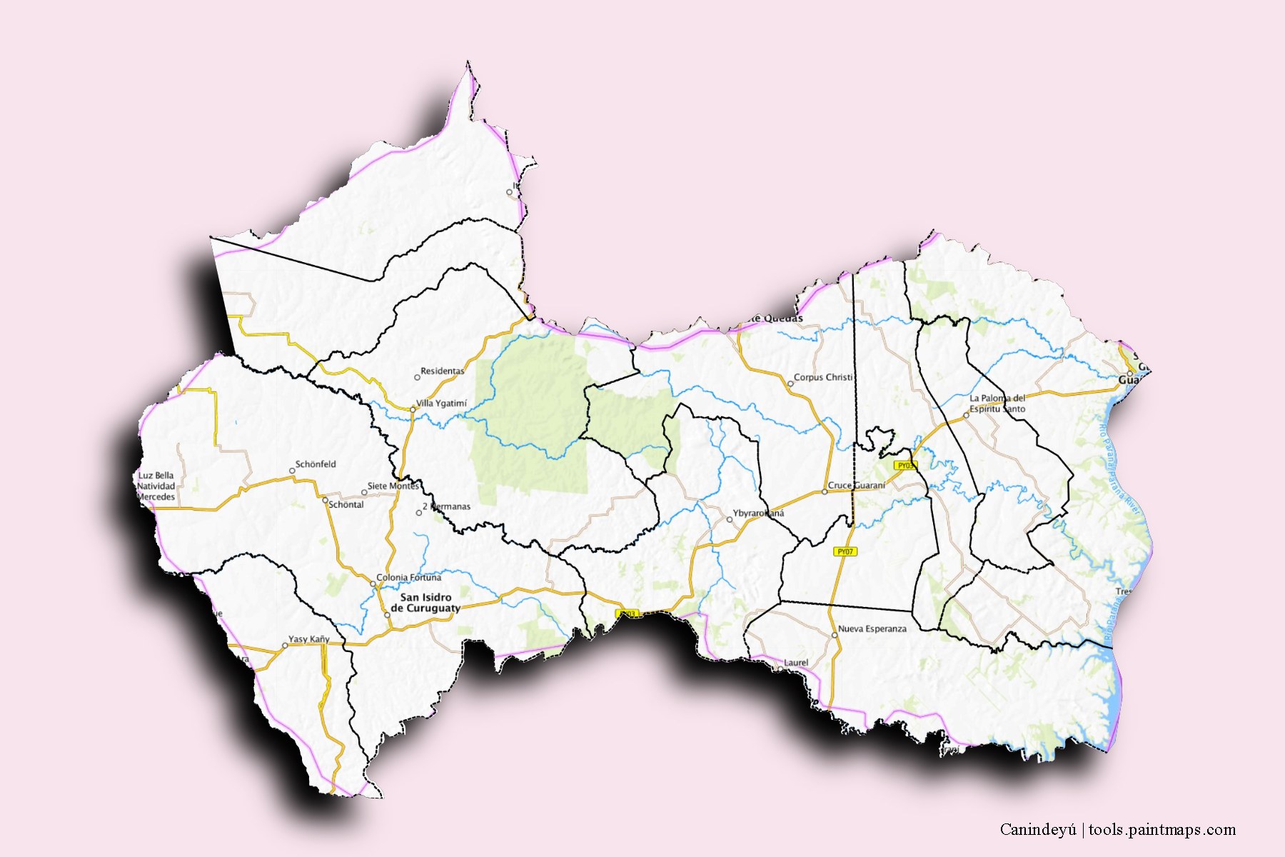 Mapa de Canindeyú y sus distritos con efecto de sombra 3D