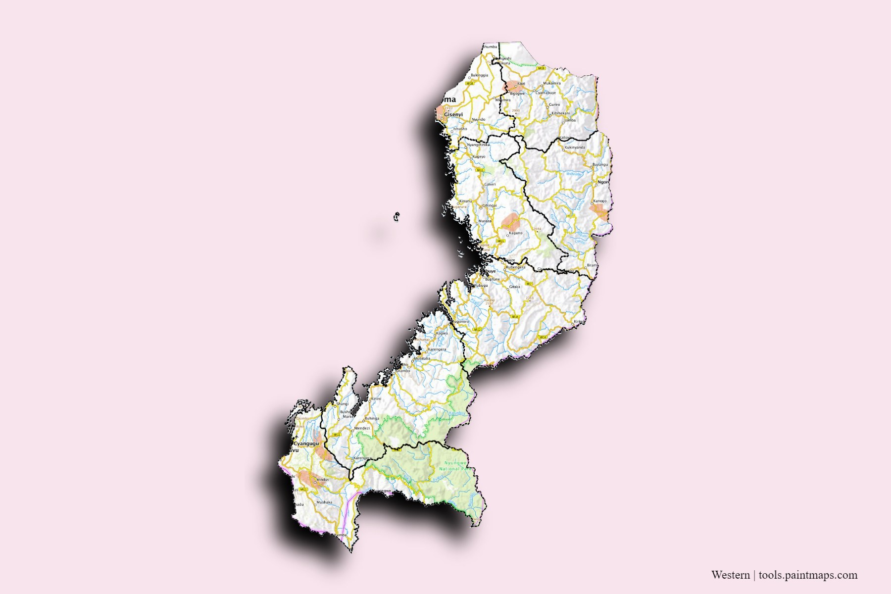 Mapa de Western y sus distritos con efecto de sombra 3D