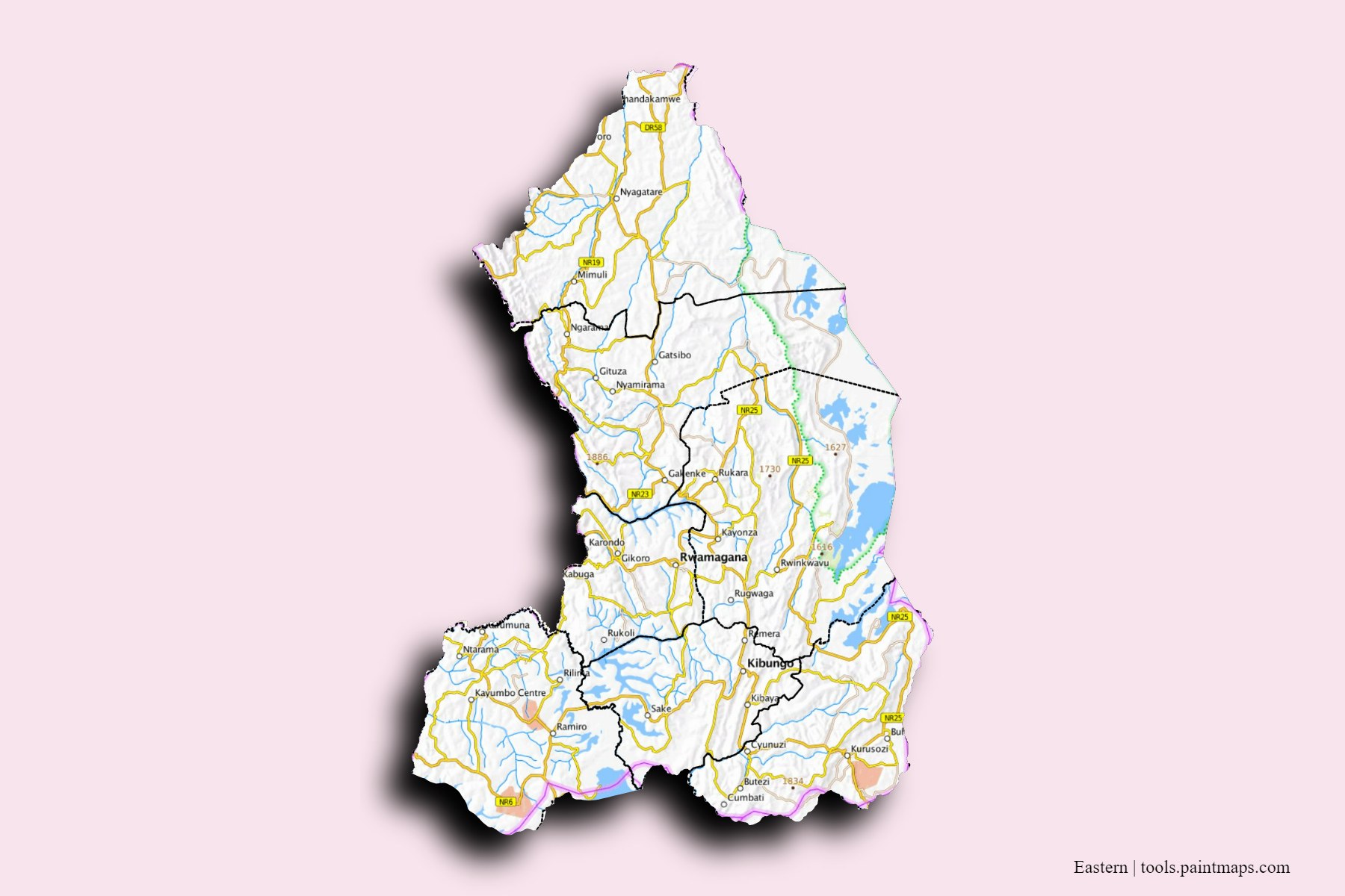 Mapa de Eastern y sus distritos con efecto de sombra 3D