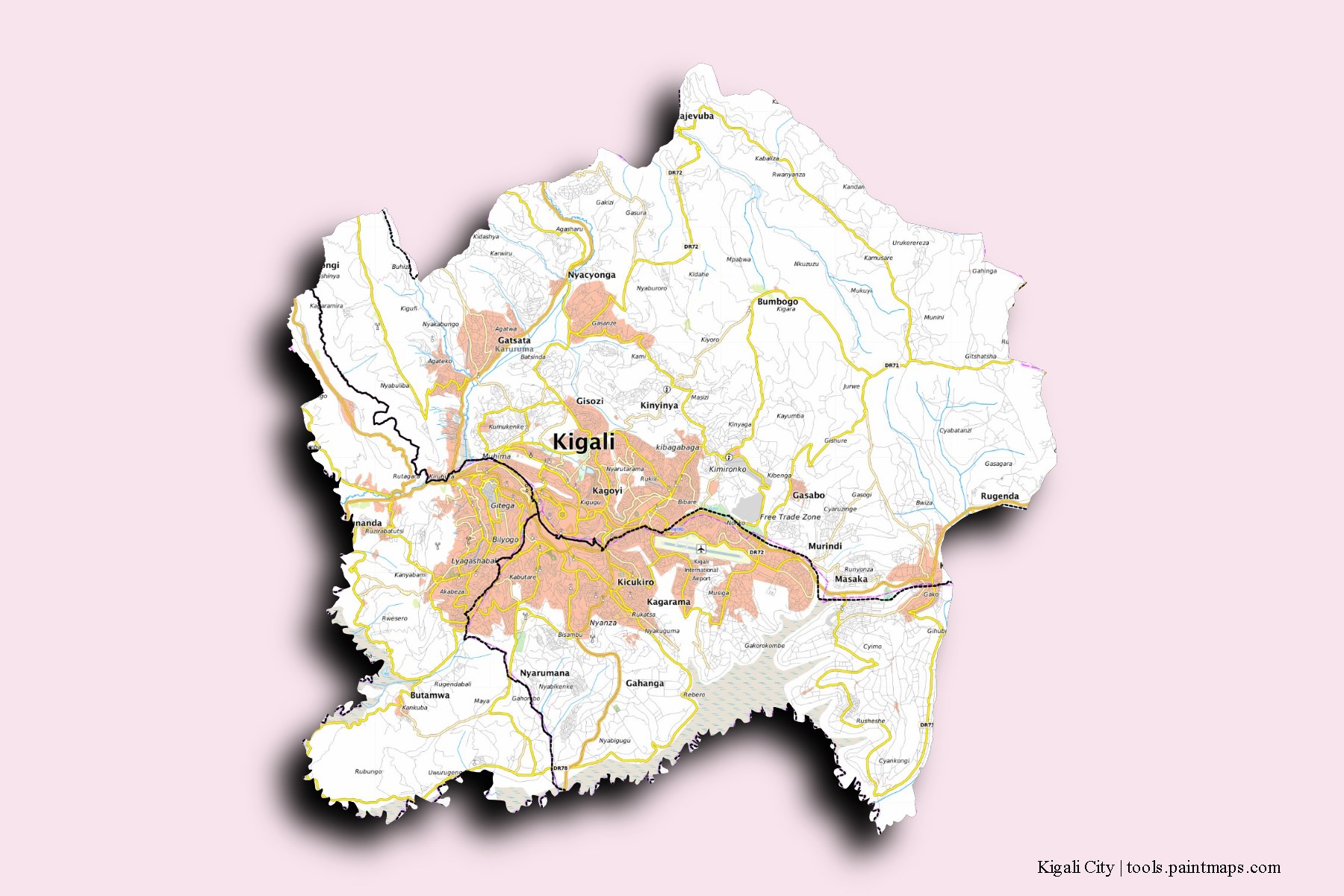 Mapa de Kigali City y sus distritos con efecto de sombra 3D