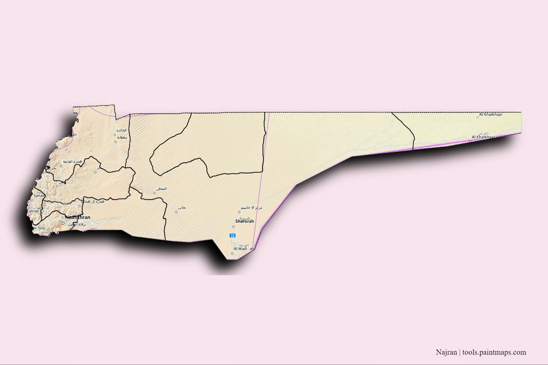 Najran and counties map with 3D shadow effect