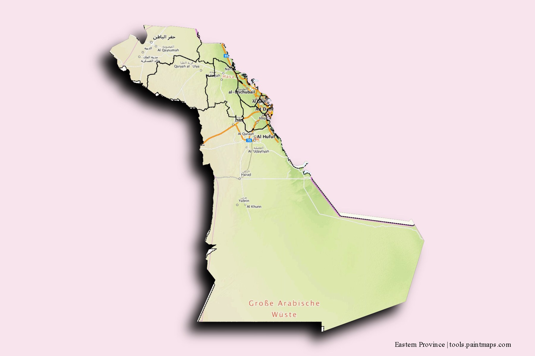 Mapa de Eastern Province y sus distritos con efecto de sombra 3D