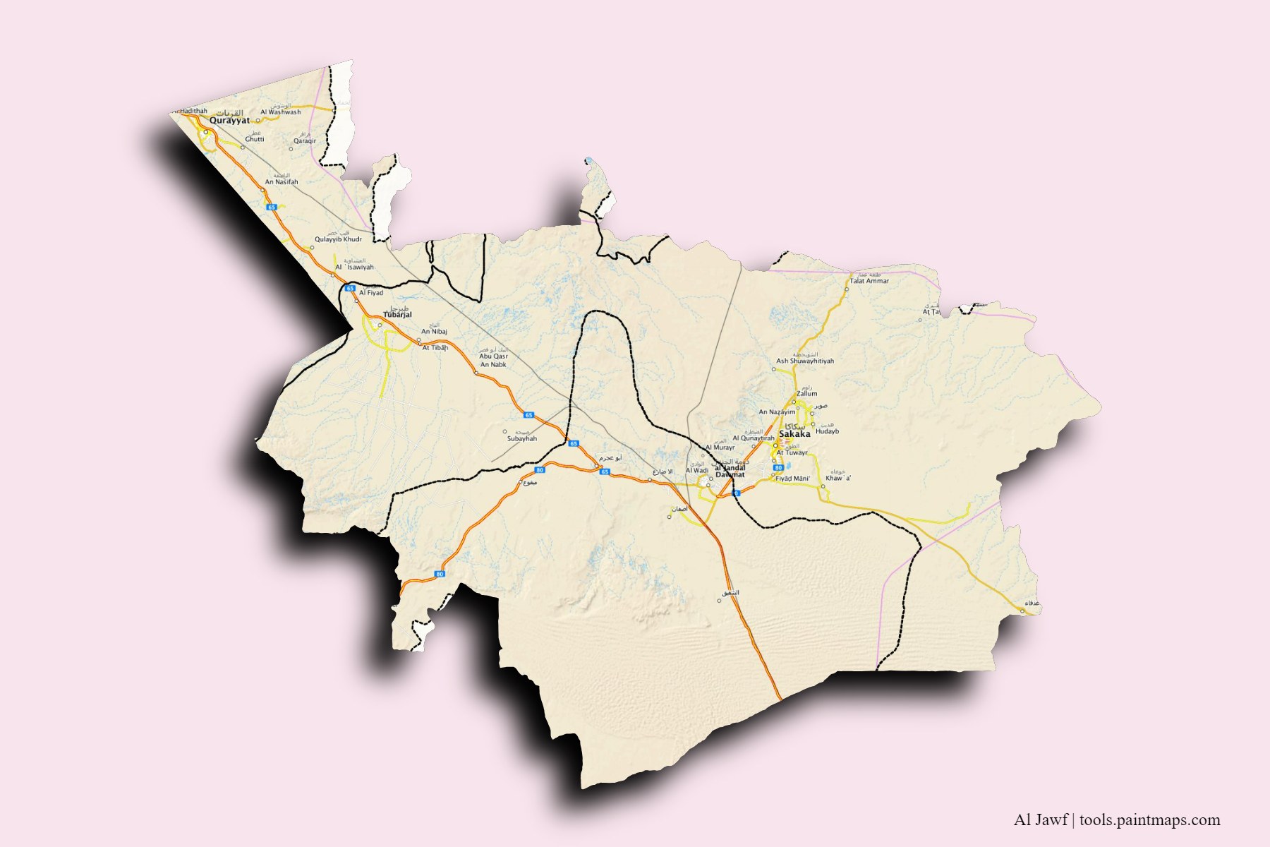 Mapa de Al Jawf y sus distritos con efecto de sombra 3D