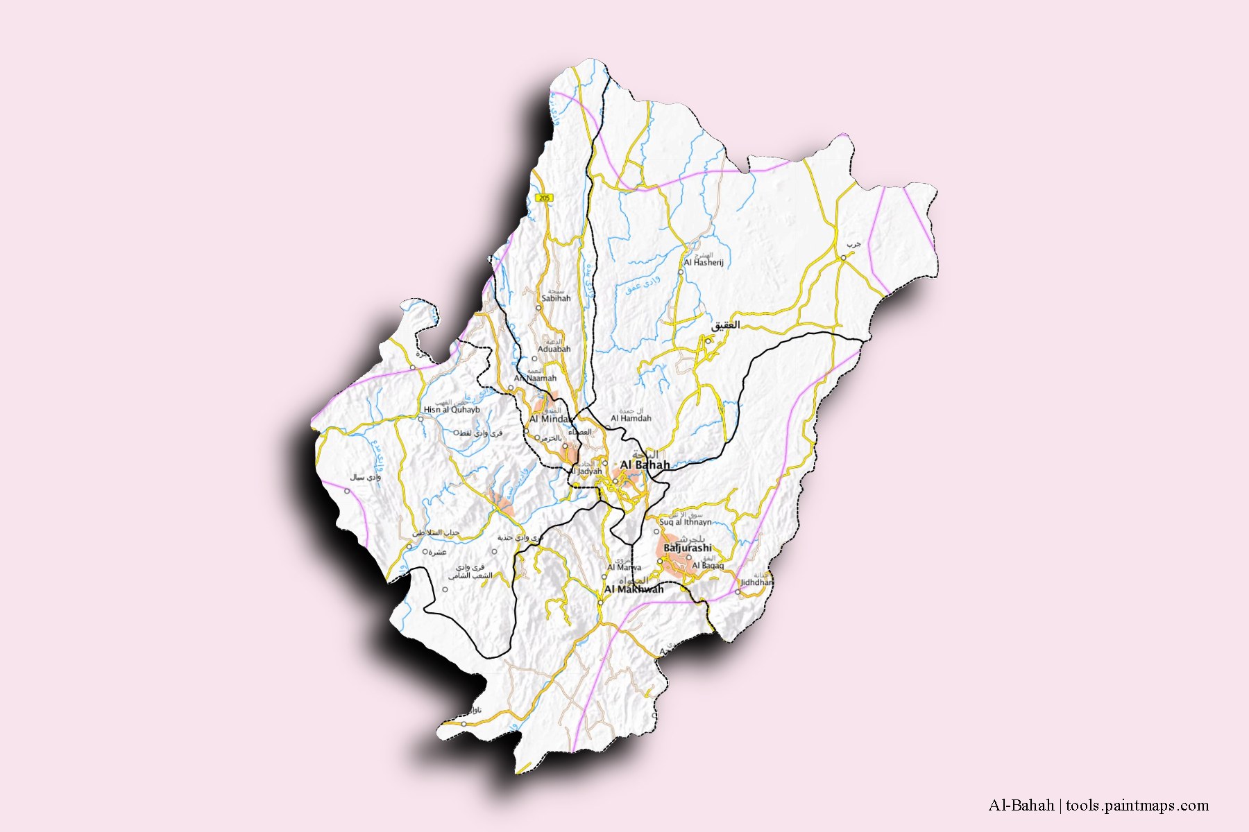 Al-Bahah and counties map with 3D shadow effect