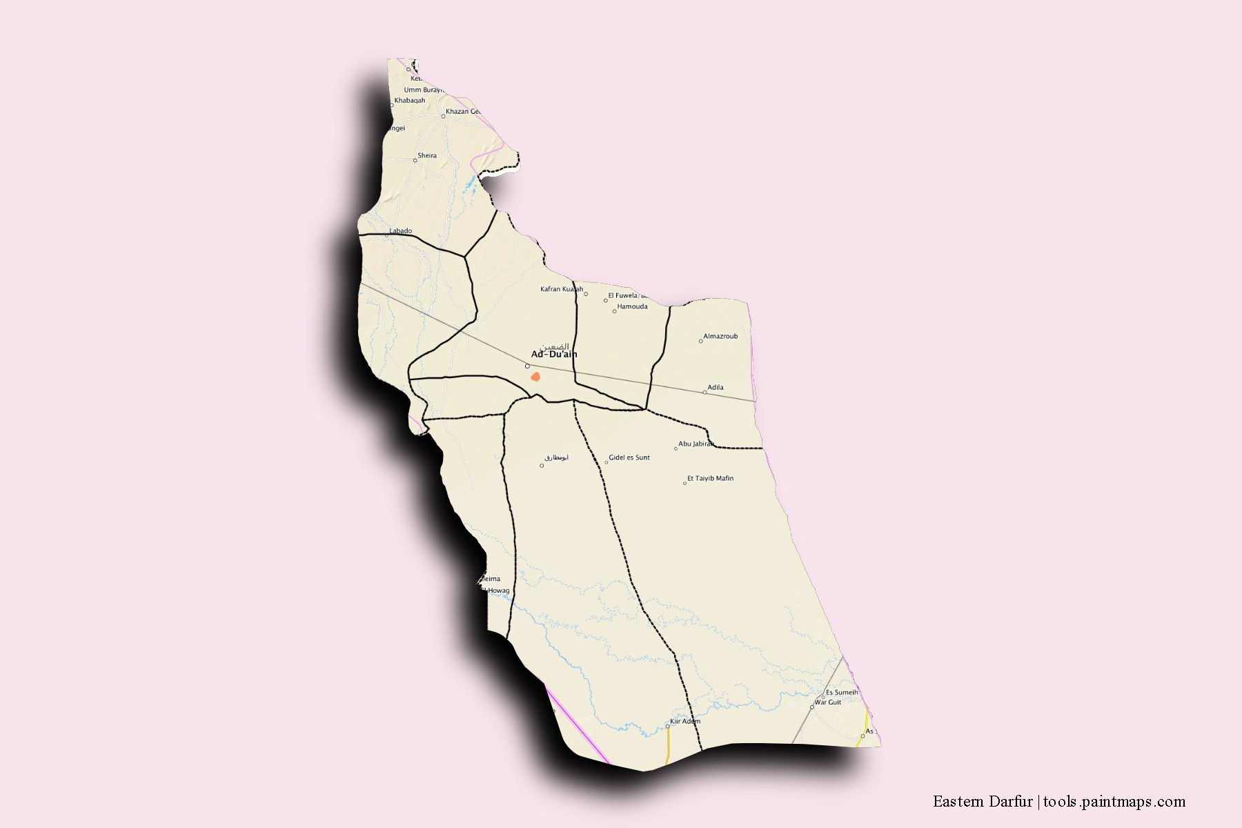 Mapa de Eastern Darfur y sus distritos con efecto de sombra 3D