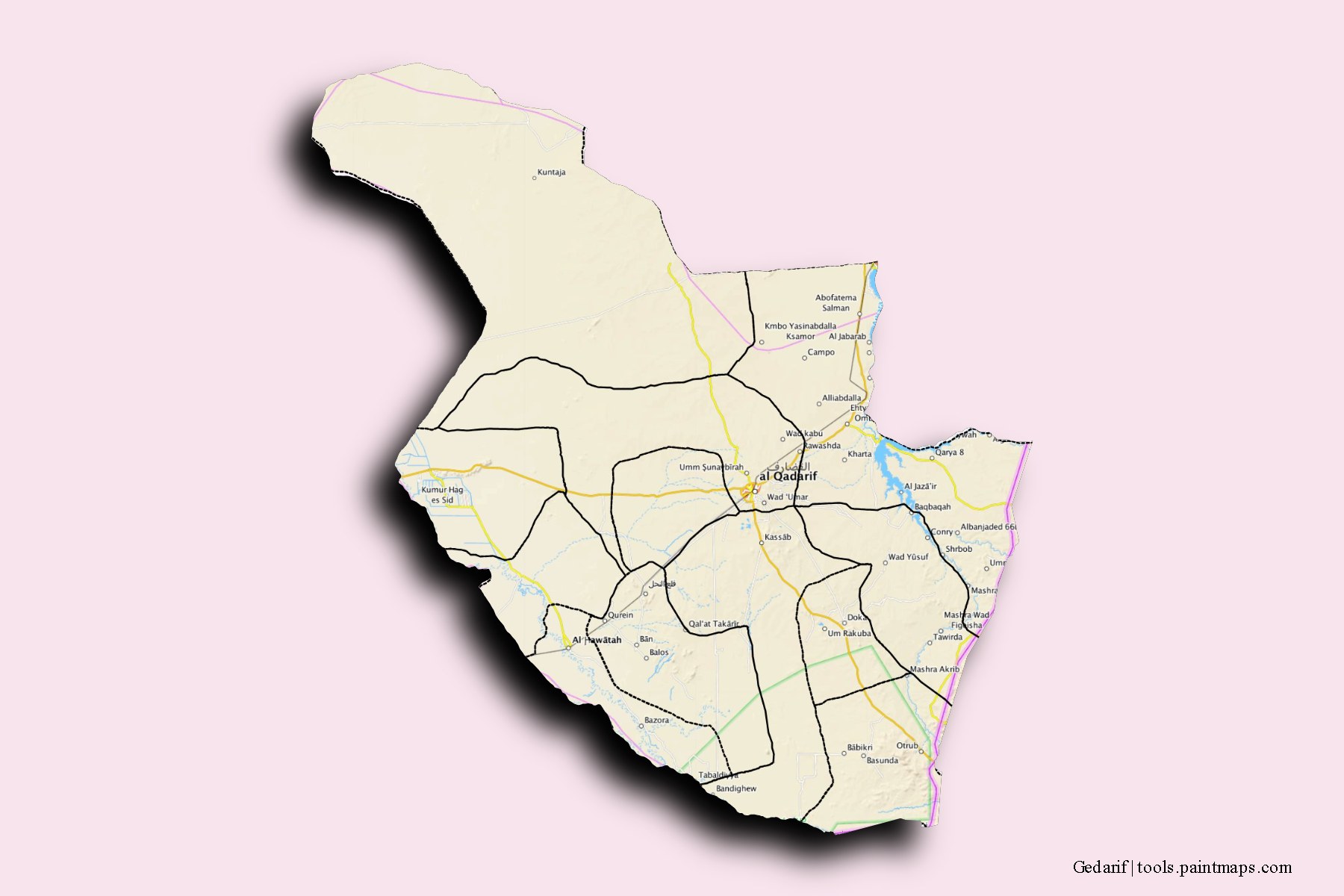 Gadarif and counties map with 3D shadow effect