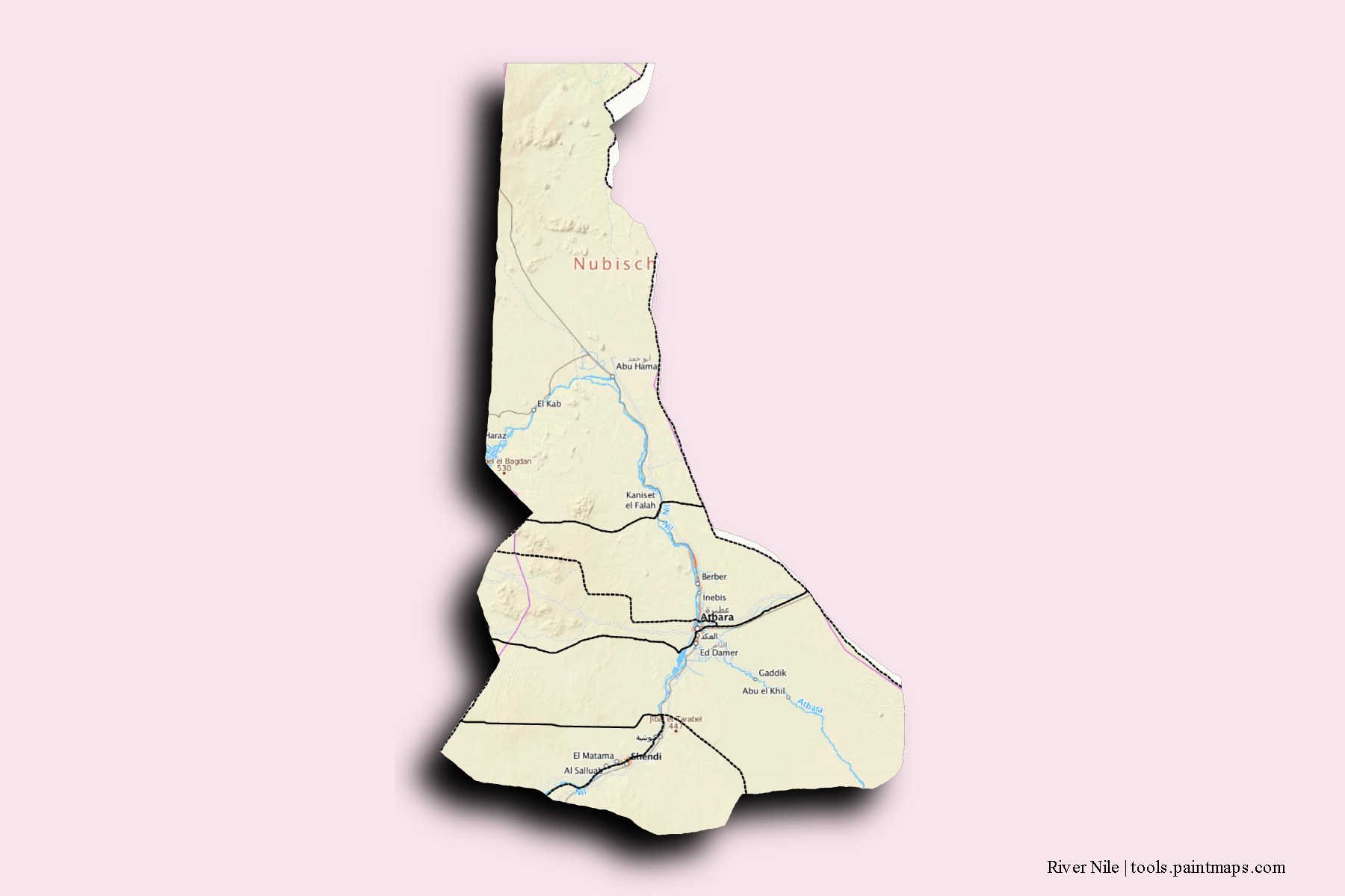 Nahr an Nil and counties map with 3D shadow effect