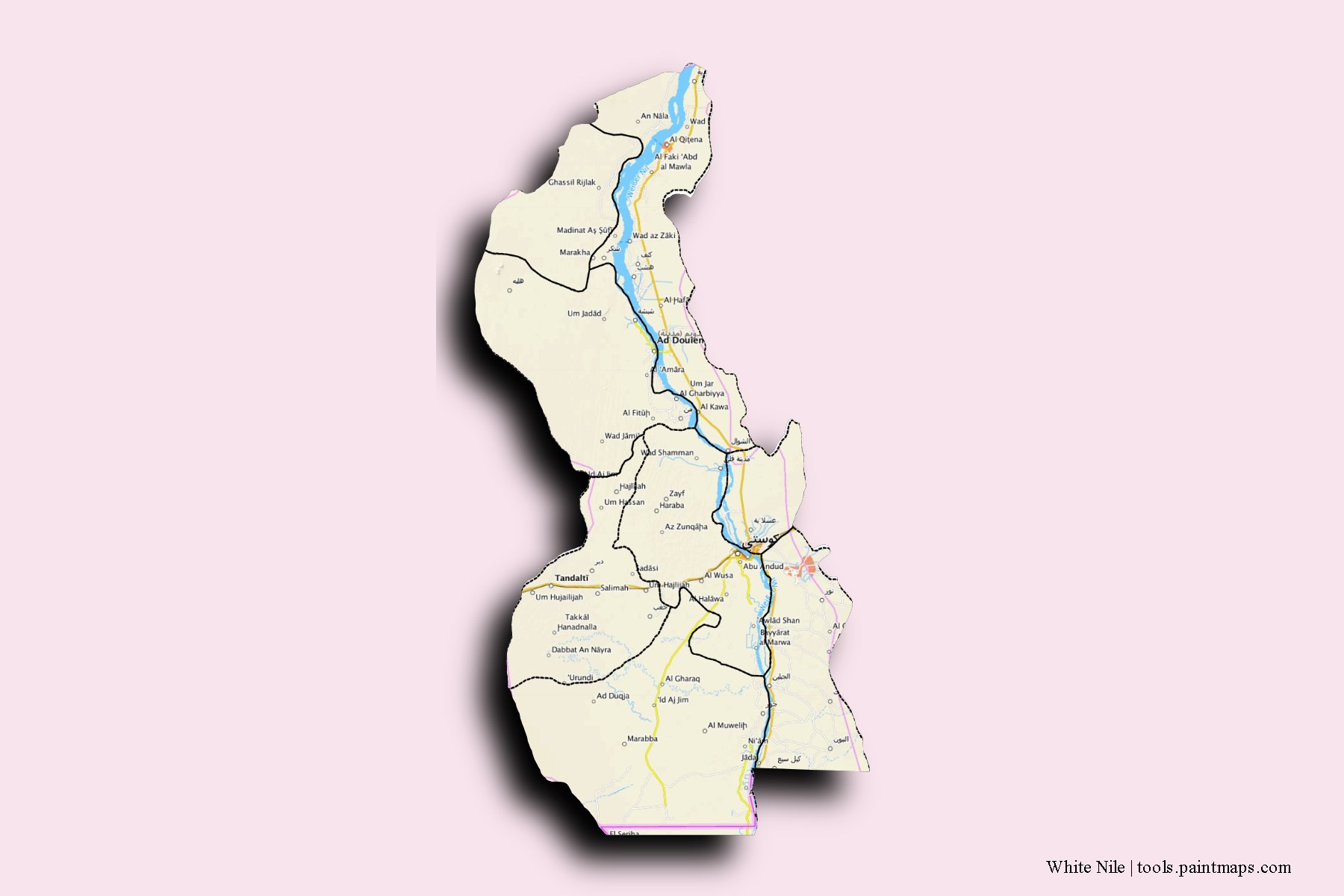 An Nil al Abyad and counties map with 3D shadow effect