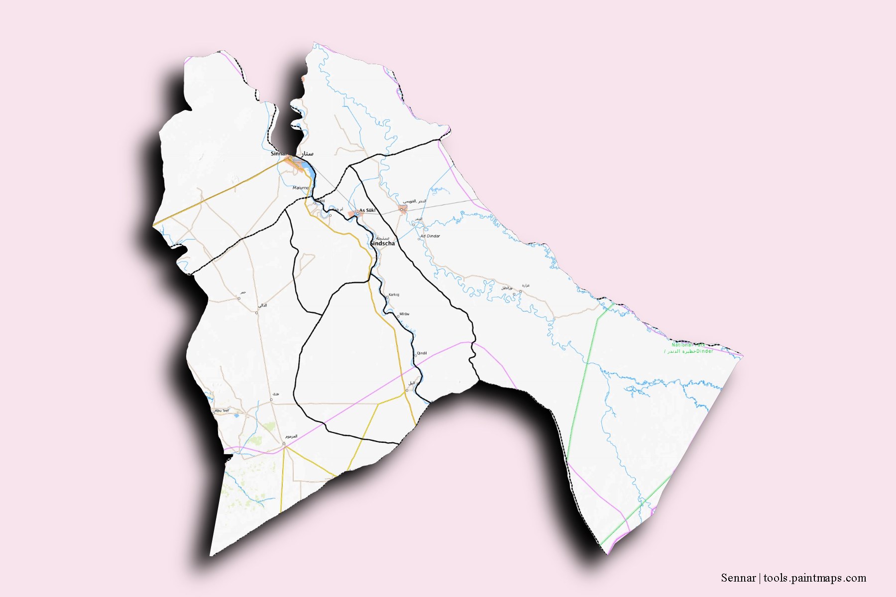 Sinnar and counties map with 3D shadow effect