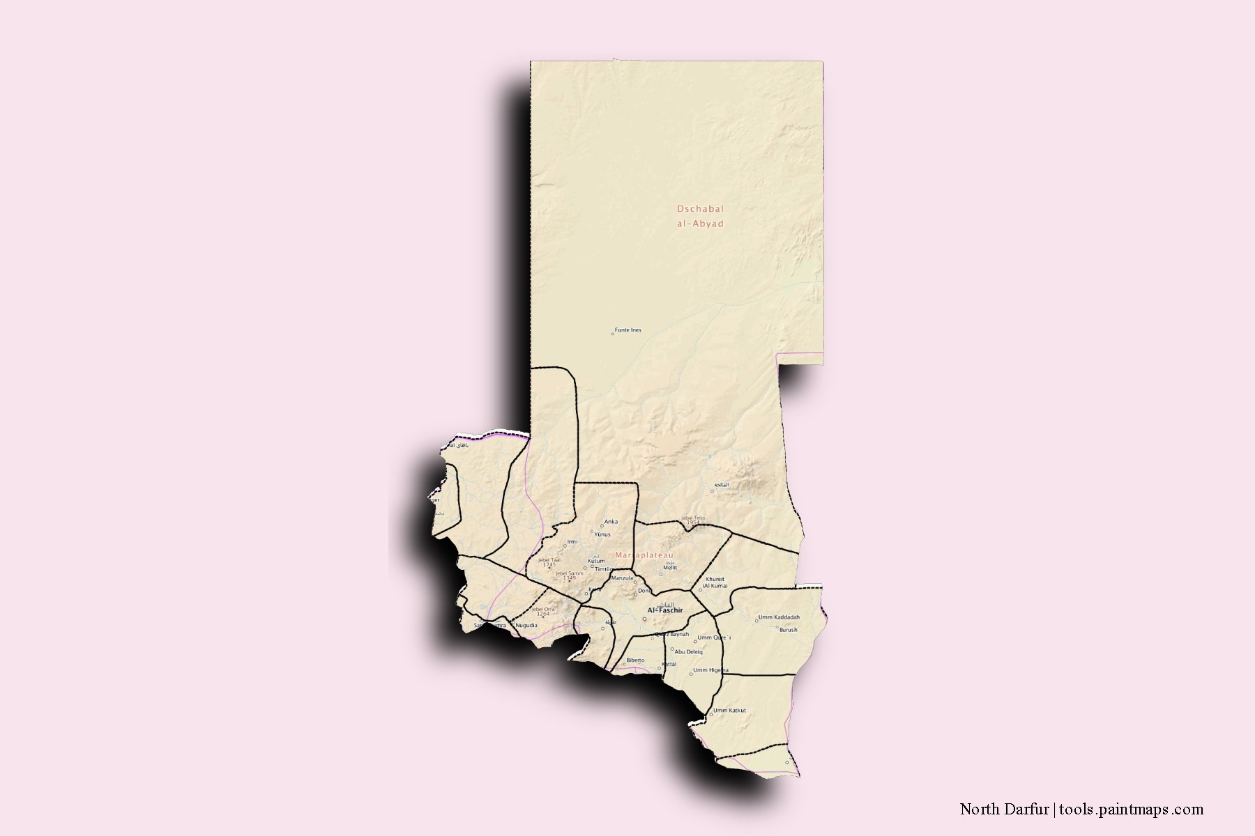 Shamal Darfor and counties map with 3D shadow effect