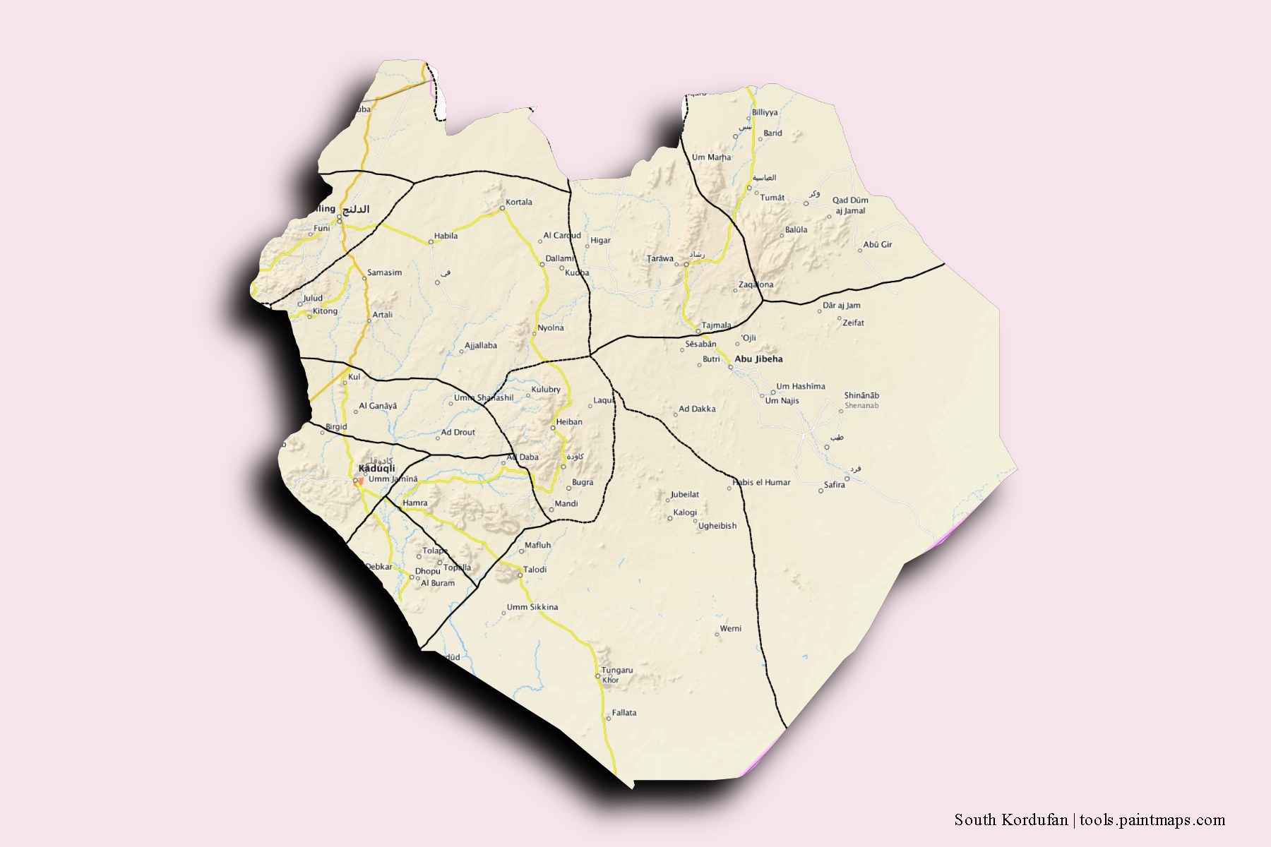 Janub Kurdufan and counties map with 3D shadow effect