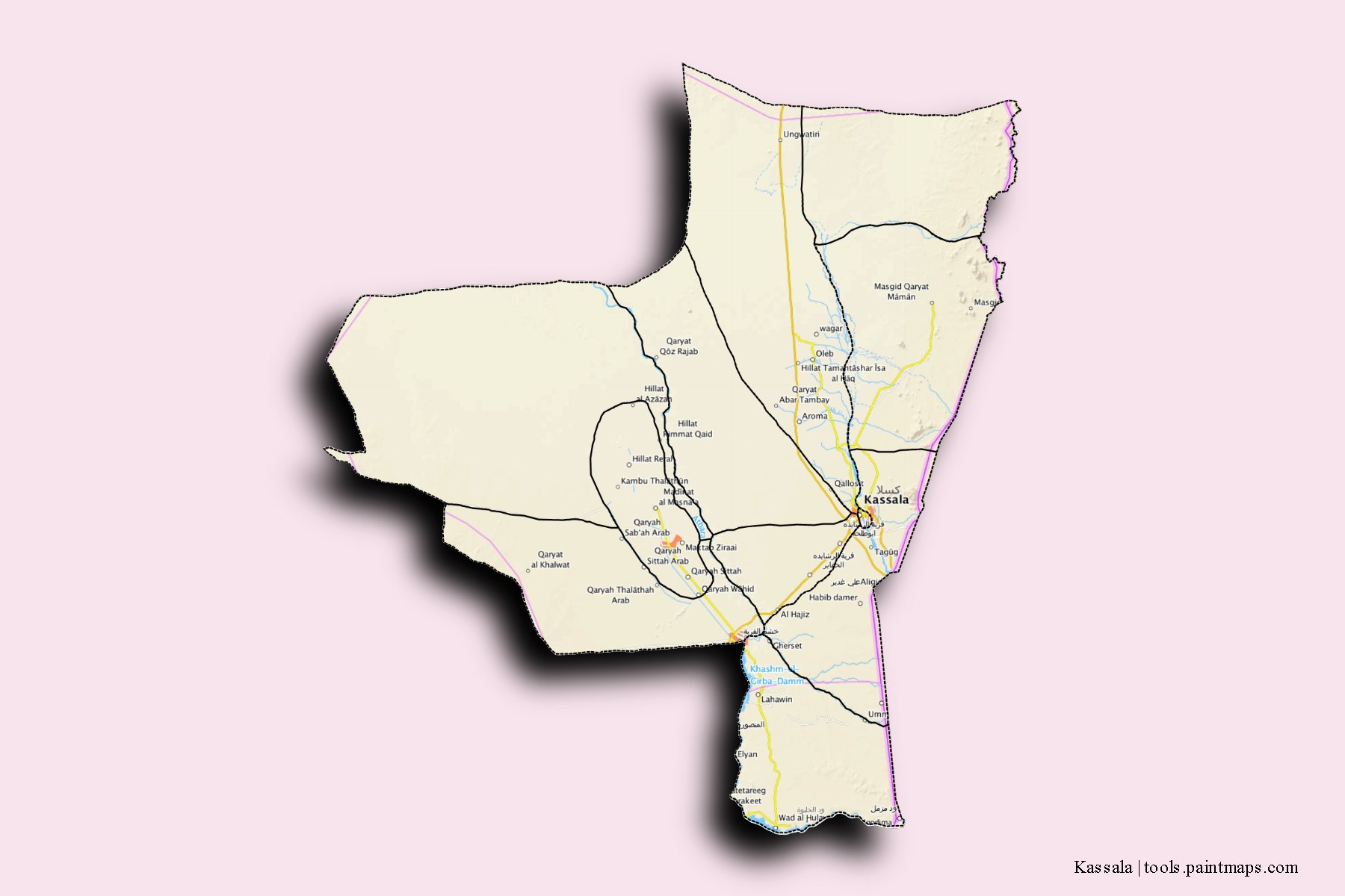 3D gölge efektli Kassala Eyaleti ve ilçeleri haritası