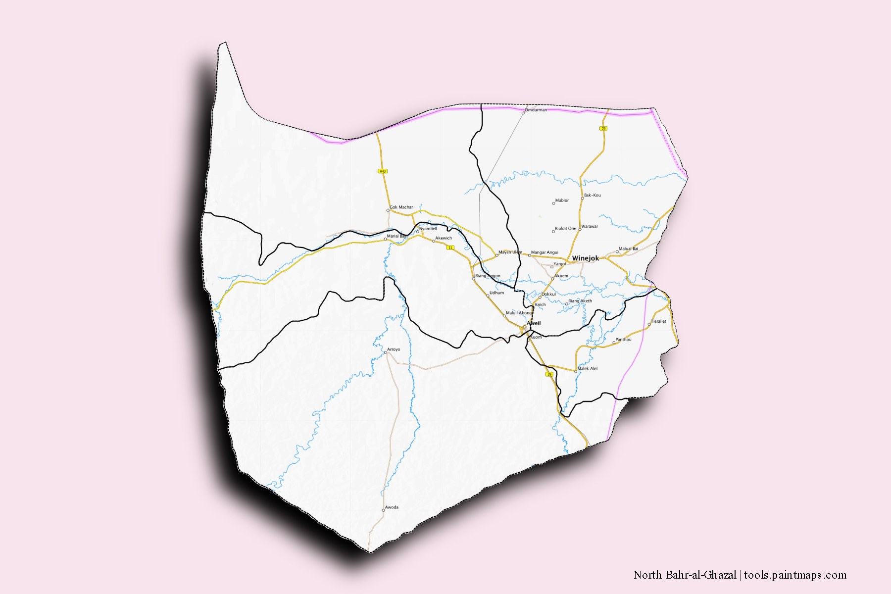 Mapa de North Bahr-al-Ghazal y sus distritos con efecto de sombra 3D