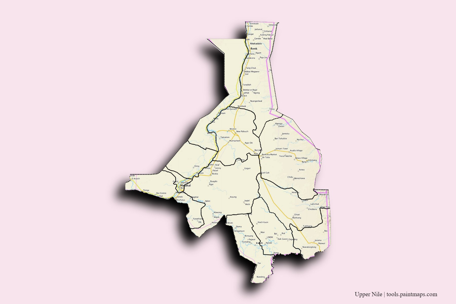 Upper Nile and counties map with 3D shadow effect