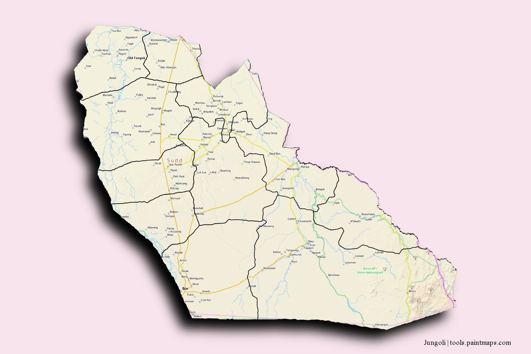 Jonglei and counties map with 3D shadow effect