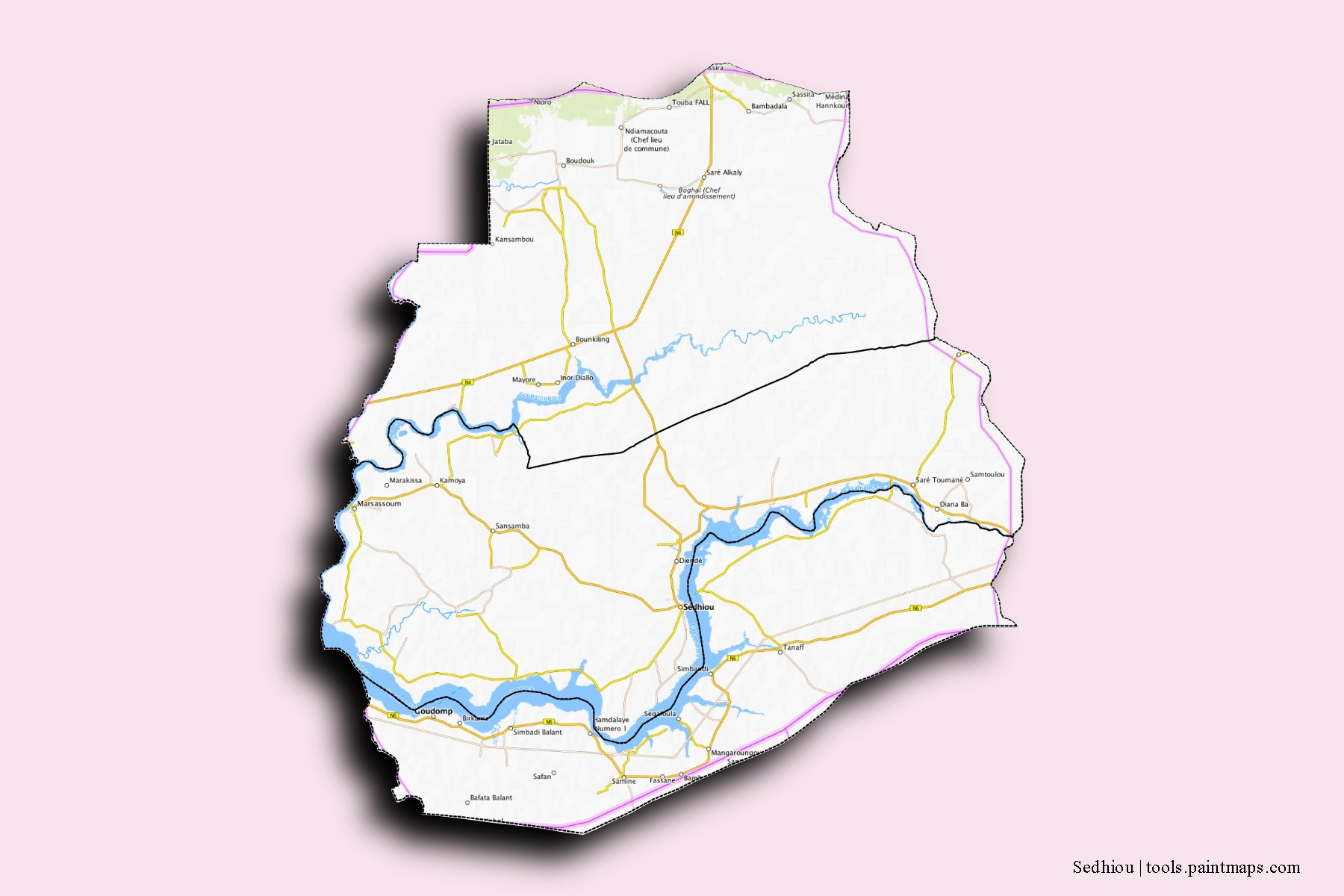 Sedhiou and counties map with 3D shadow effect