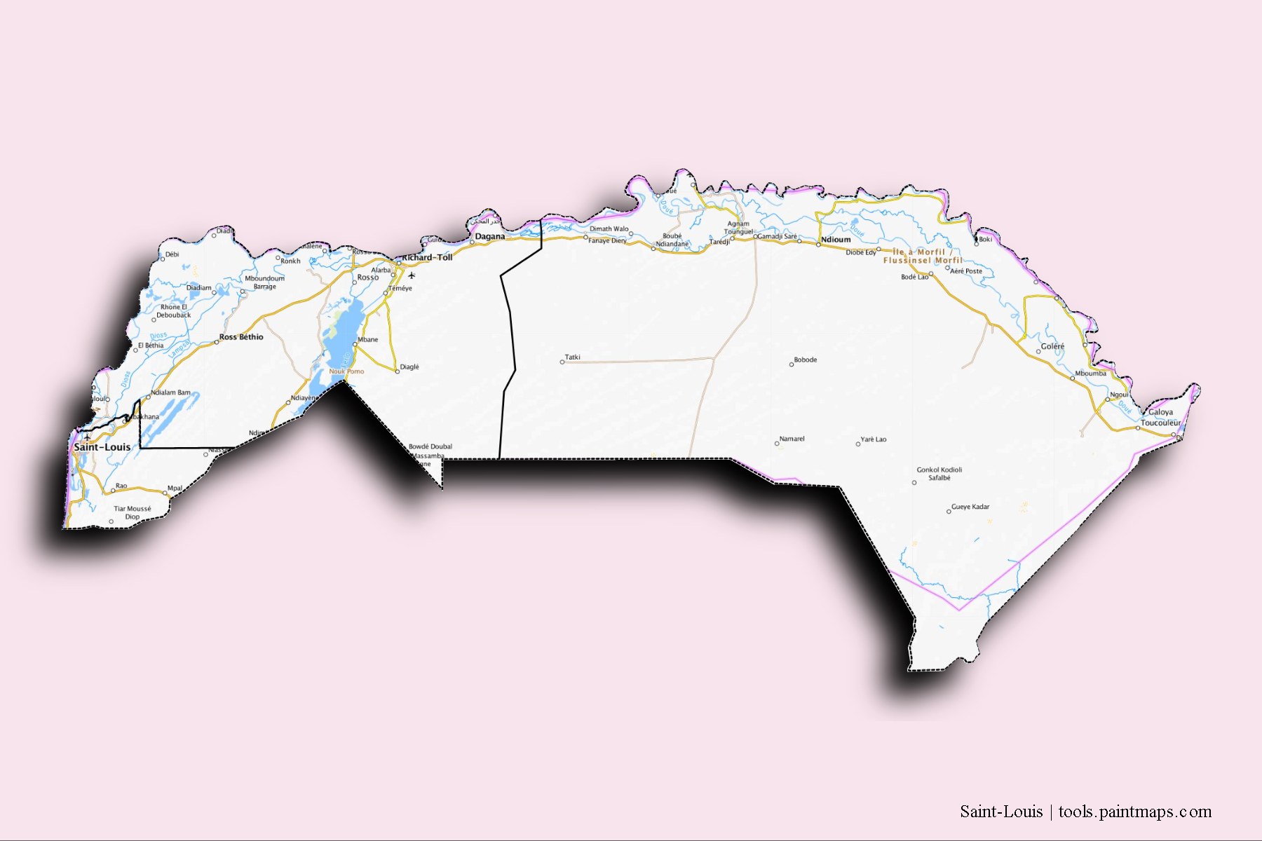 3D gölge efektli Saint-Louis ve ilçeleri haritası
