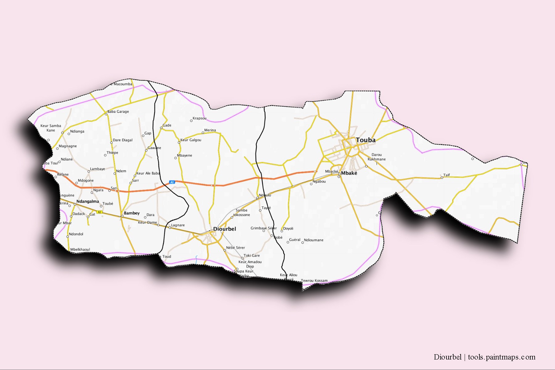 Diourbel and counties map with 3D shadow effect