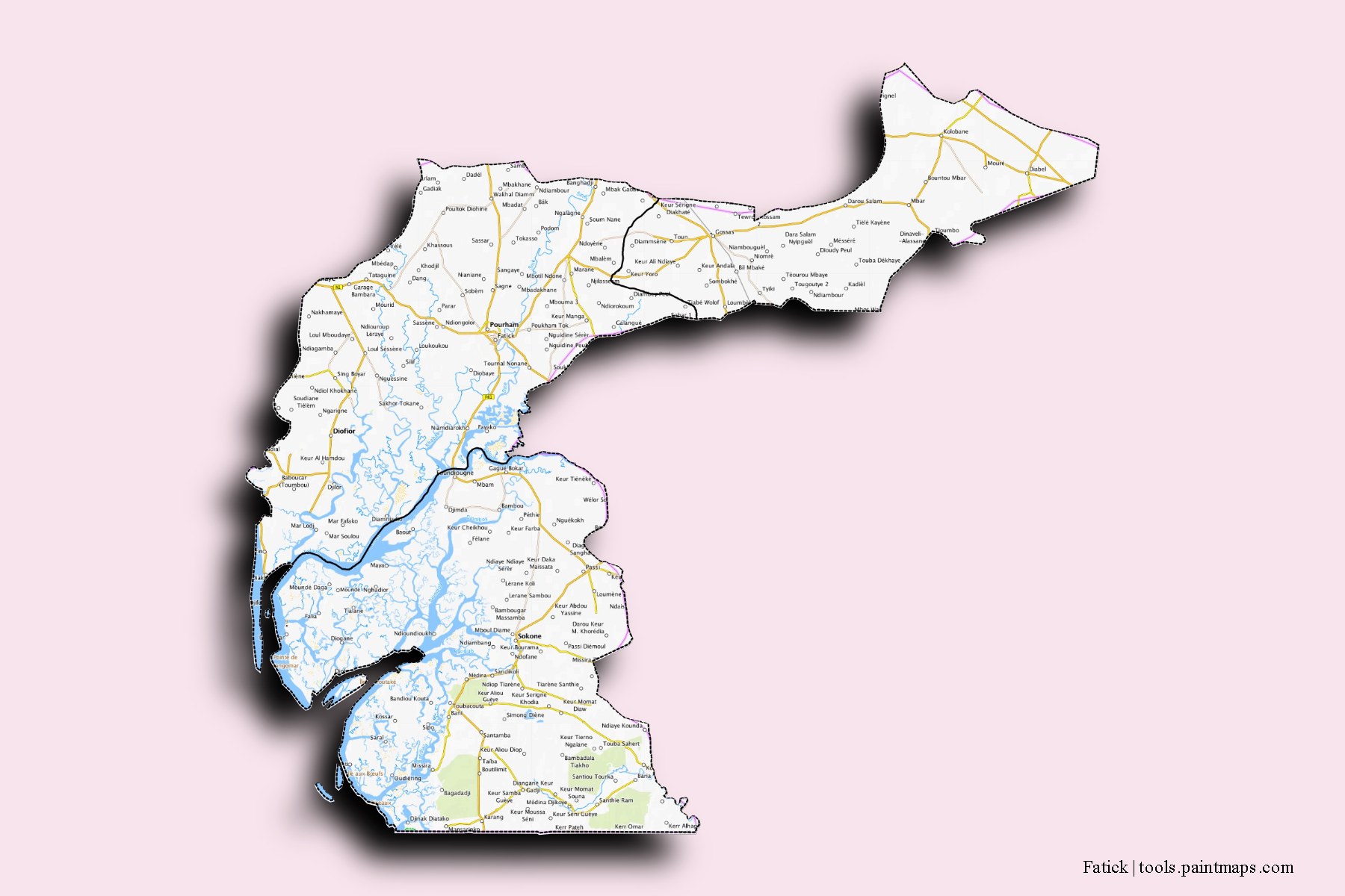 Fatick and counties map with 3D shadow effect