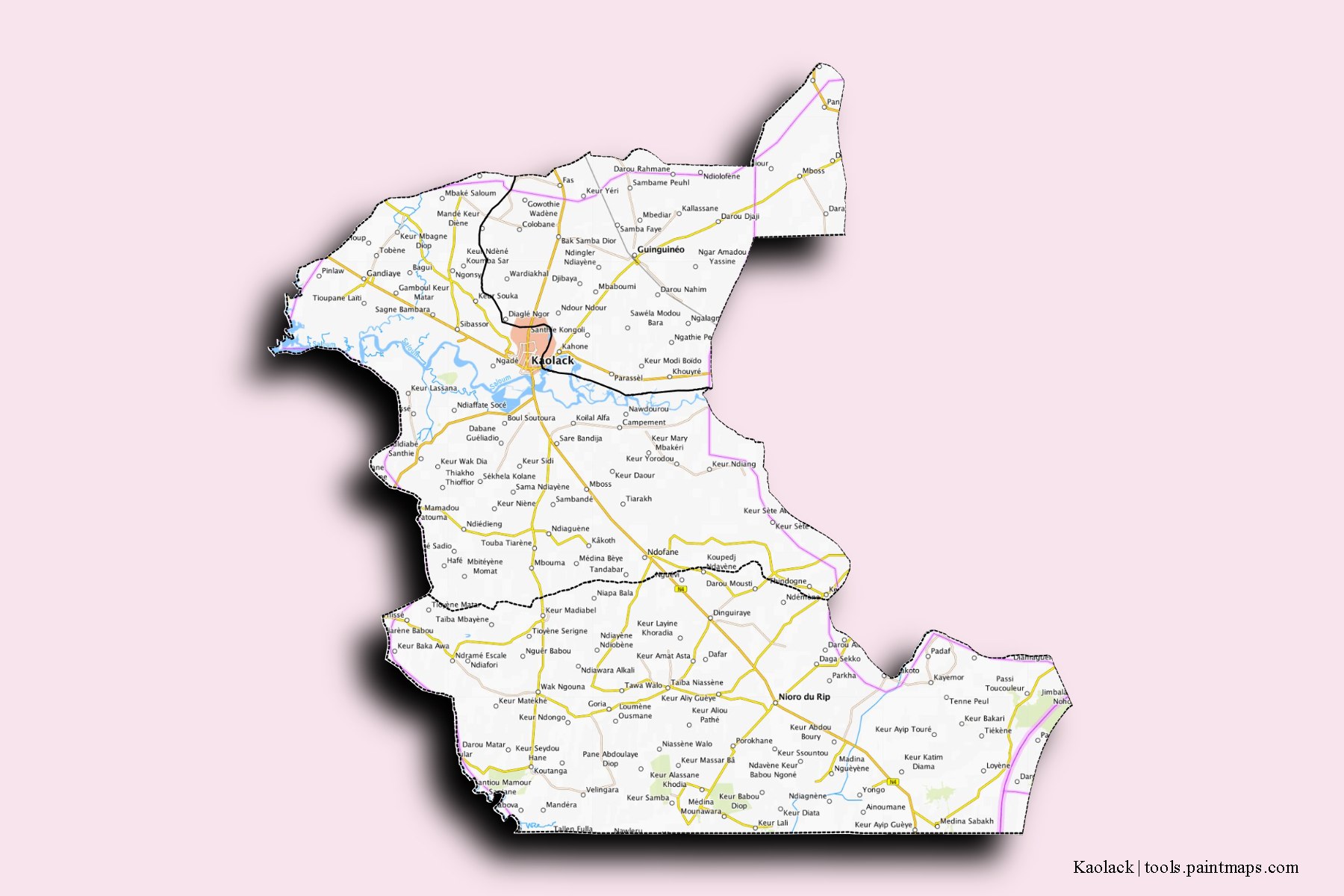 Kaolack and counties map with 3D shadow effect