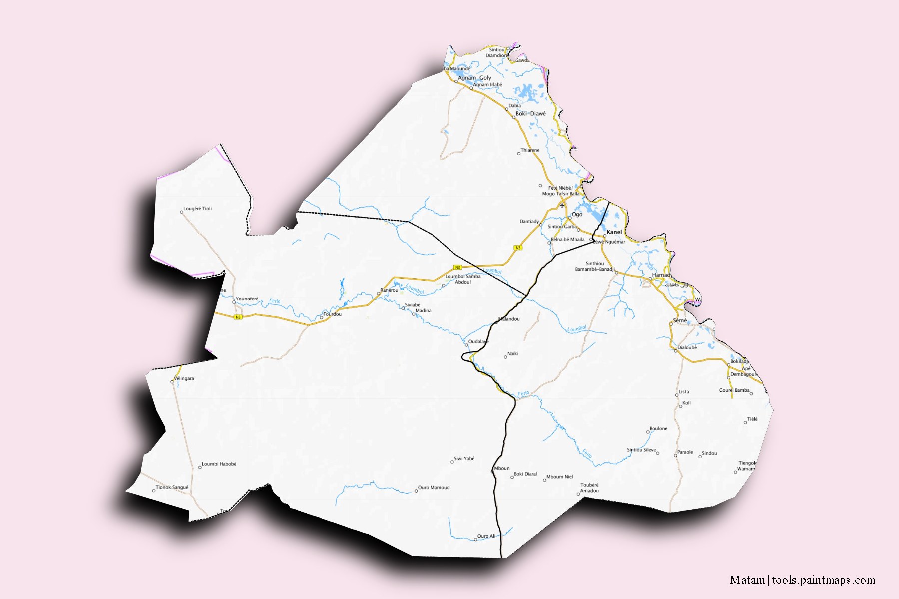 Mapa de Matam y sus distritos con efecto de sombra 3D