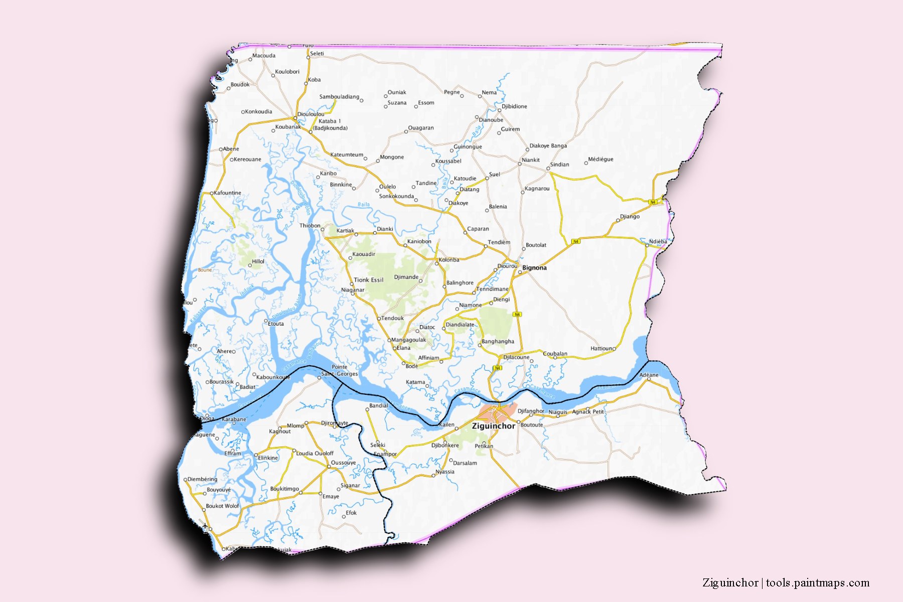 Ziguinchor and counties map with 3D shadow effect