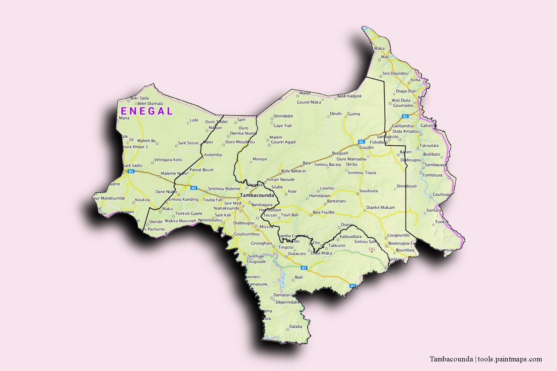 Tambacounda and counties map with 3D shadow effect