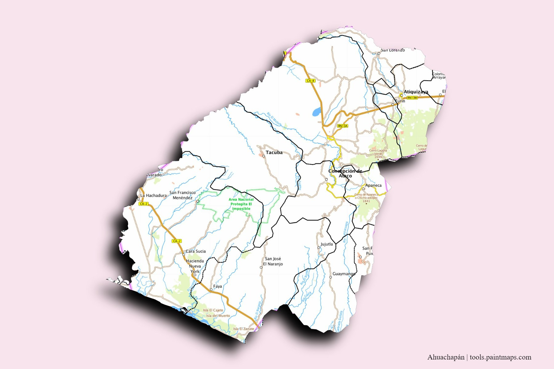 Mapa de Ahuachapán y sus distritos con efecto de sombra 3D