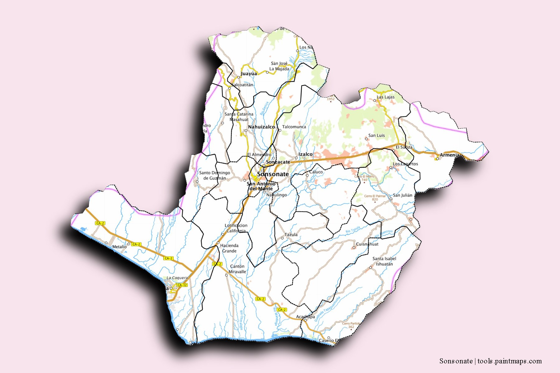 Sonsonate and counties map with 3D shadow effect