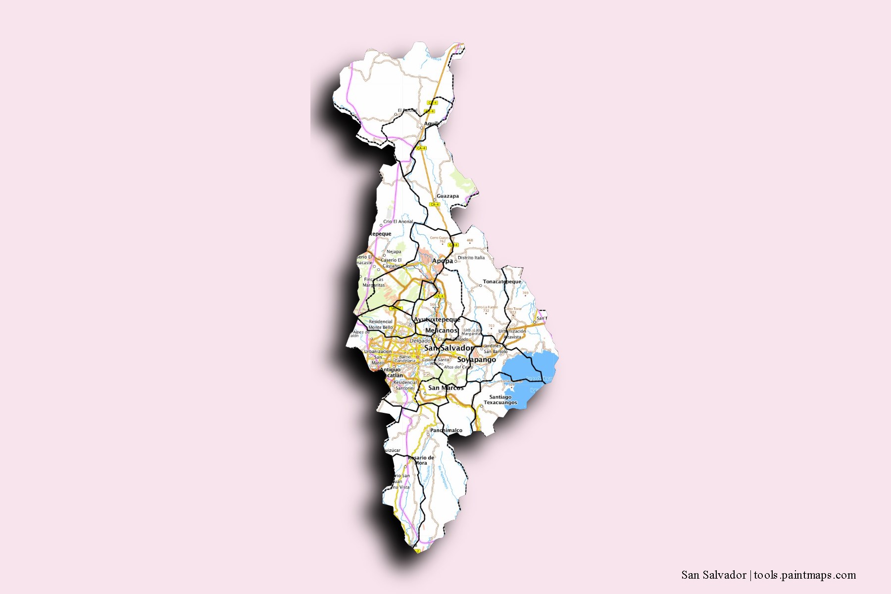 San Salvador and counties map with 3D shadow effect